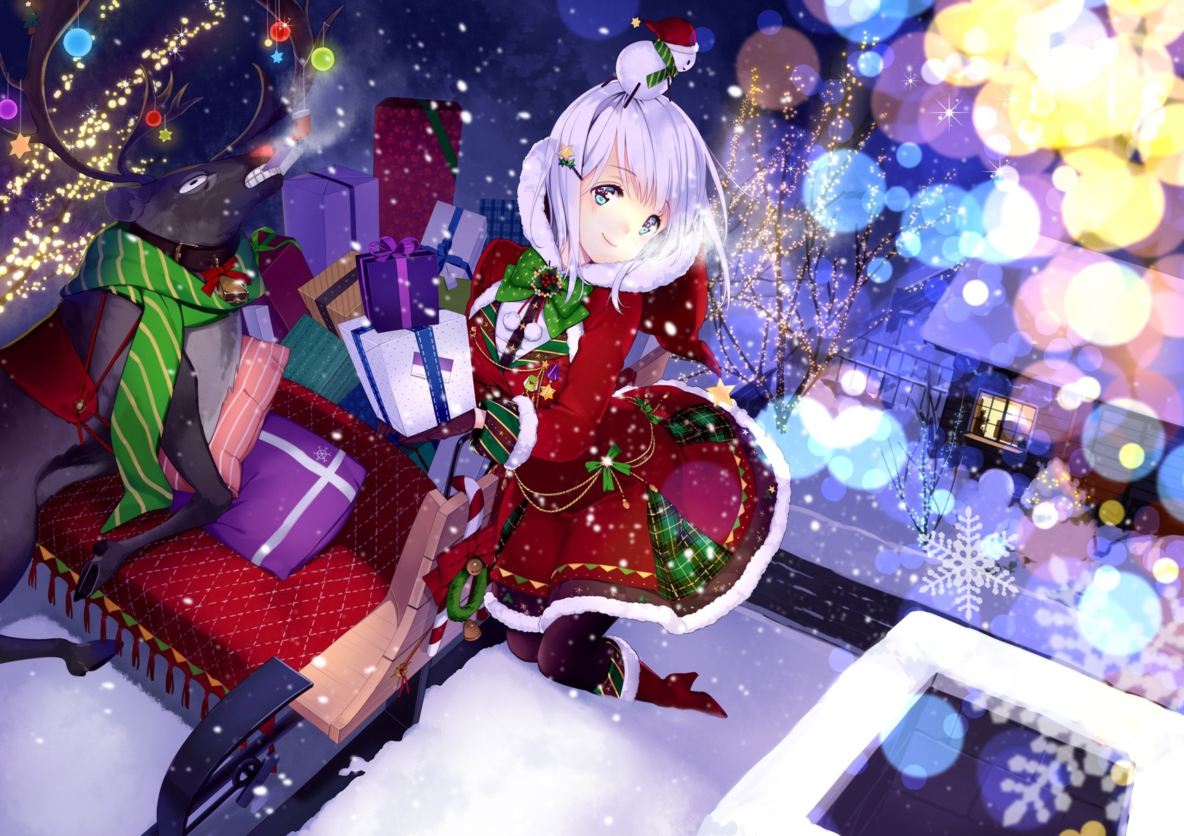 Anime girl in Santa costume with reindeer and gifts HD Wallpaper