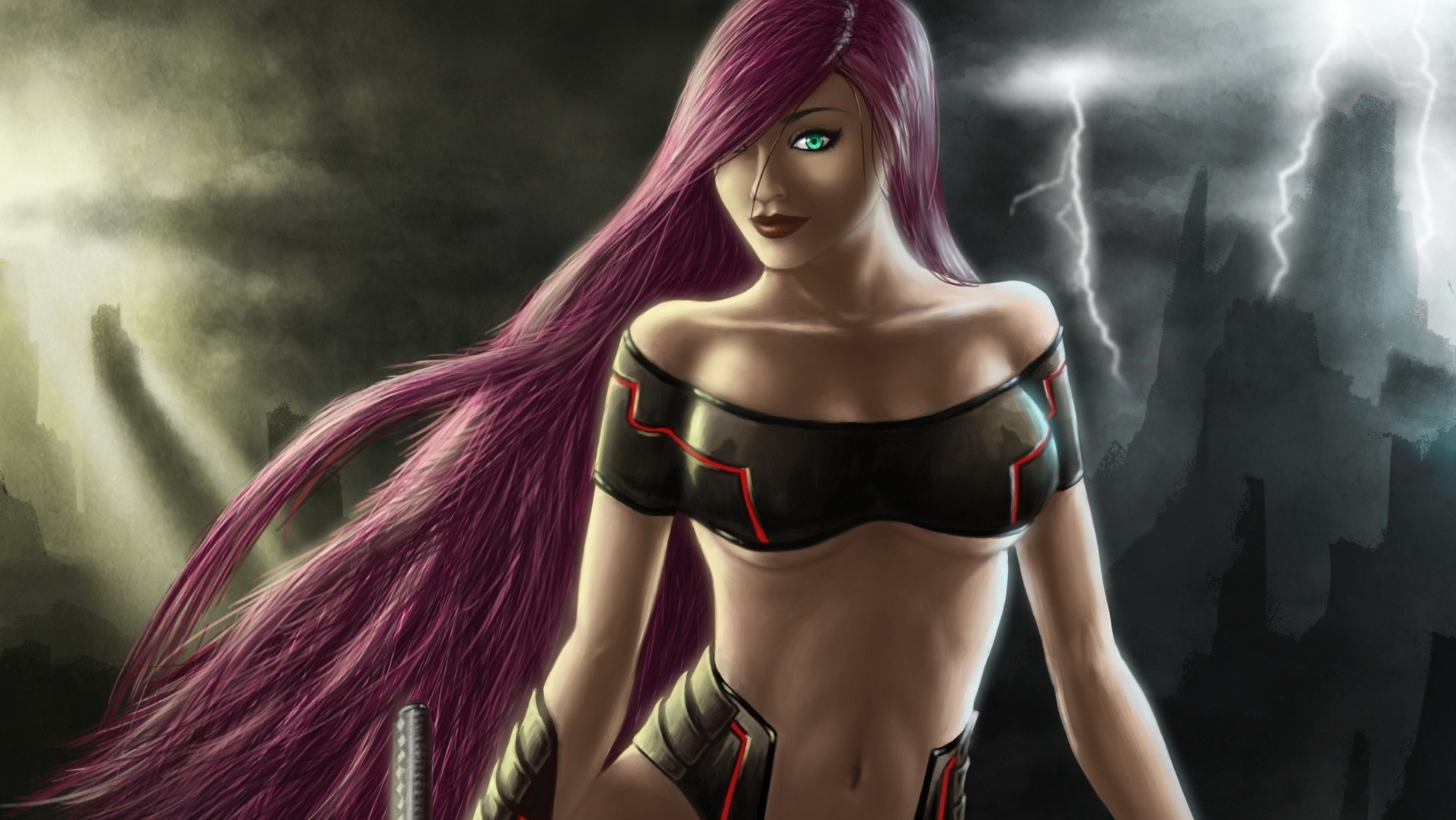 Fantasy art of a woman with purple hair and a sword HD Wallpaper