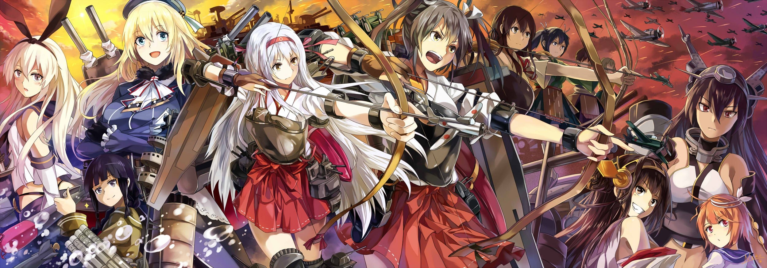 Anime girls with bows and arrows from Kantai Collection HD Wallpaper