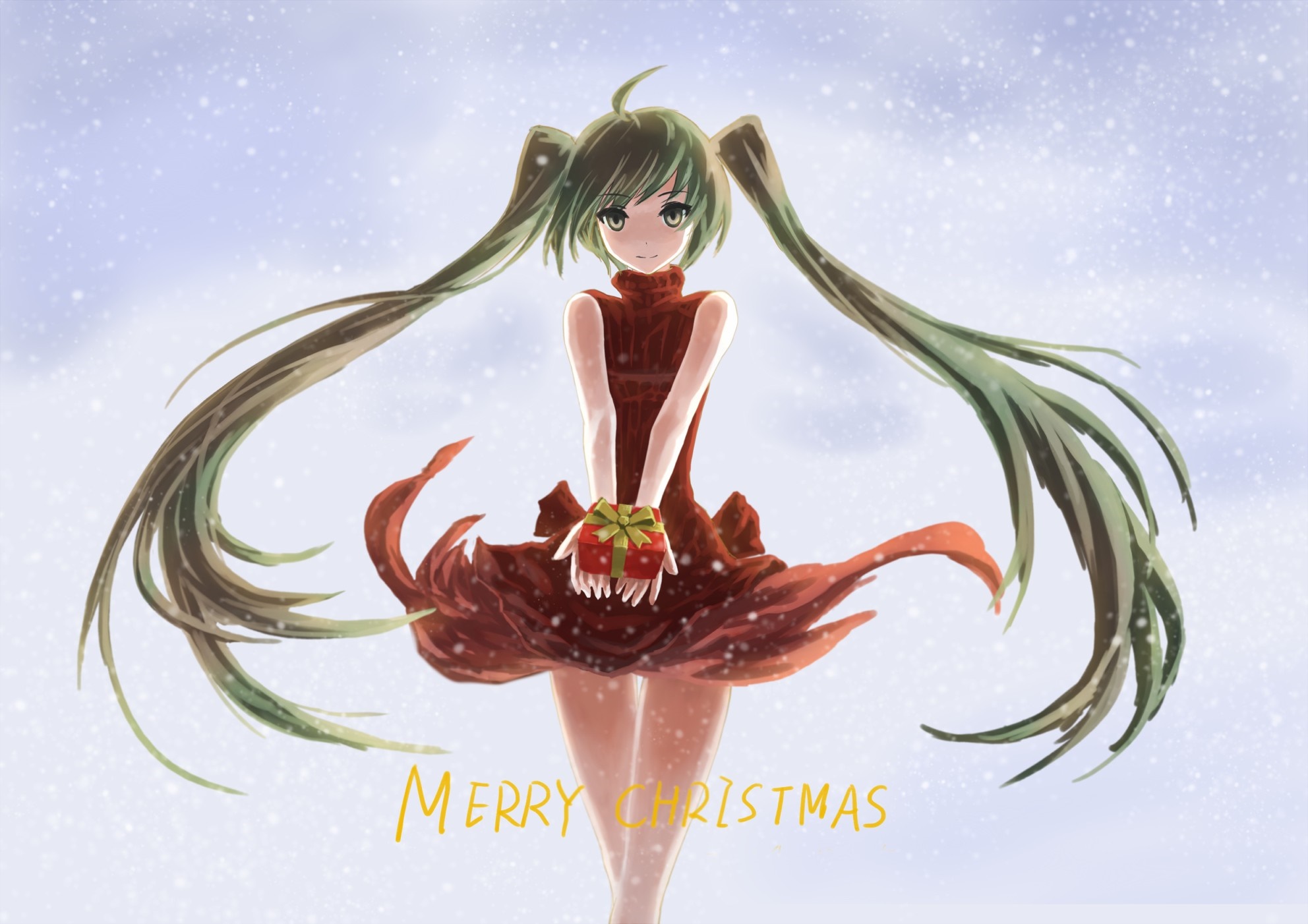 Anime girl with twintails holding a Christmas present HD Wallpaper