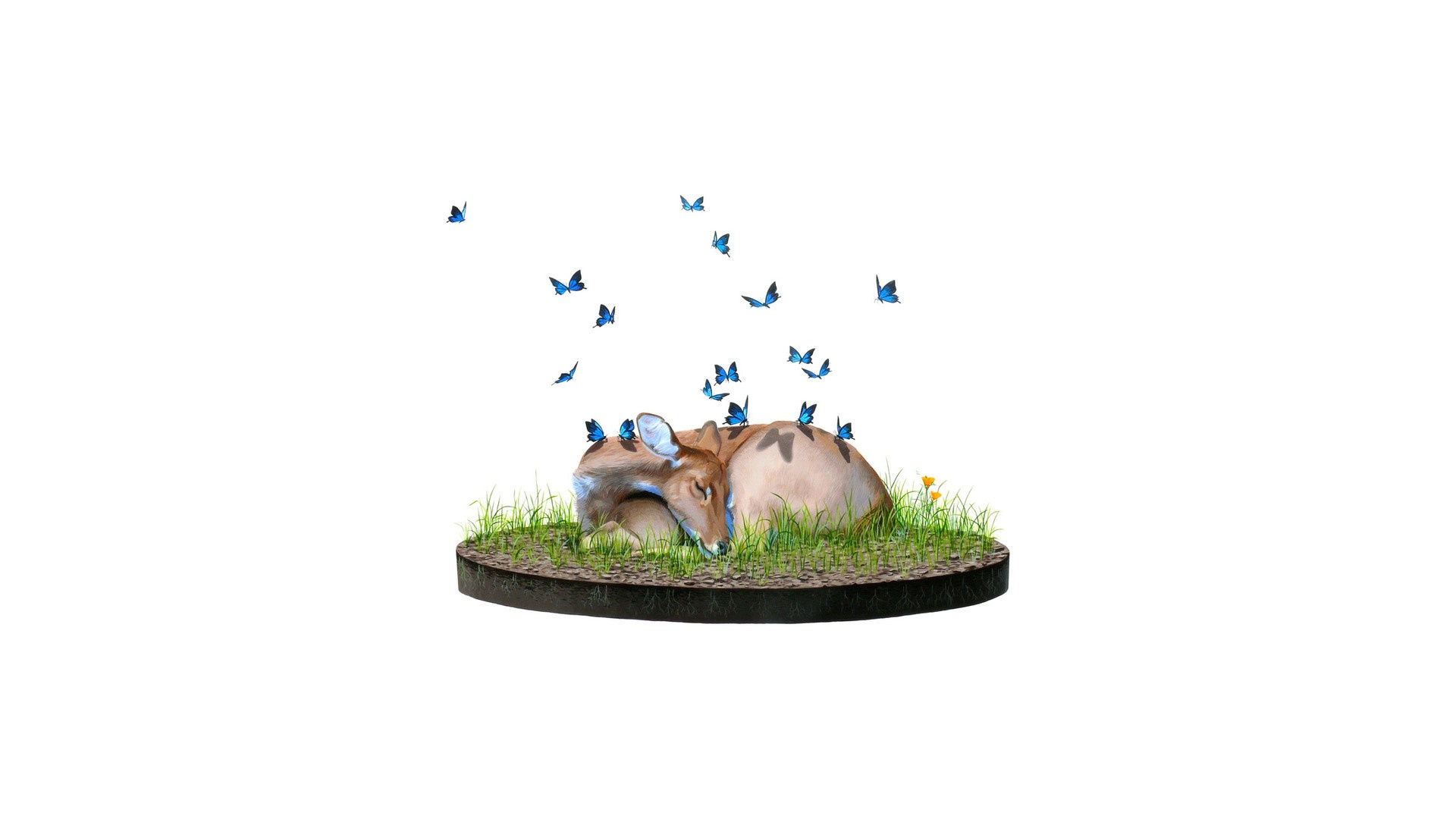 Illustration of a deer sleeping surrounded by butterflies HD Wallpaper