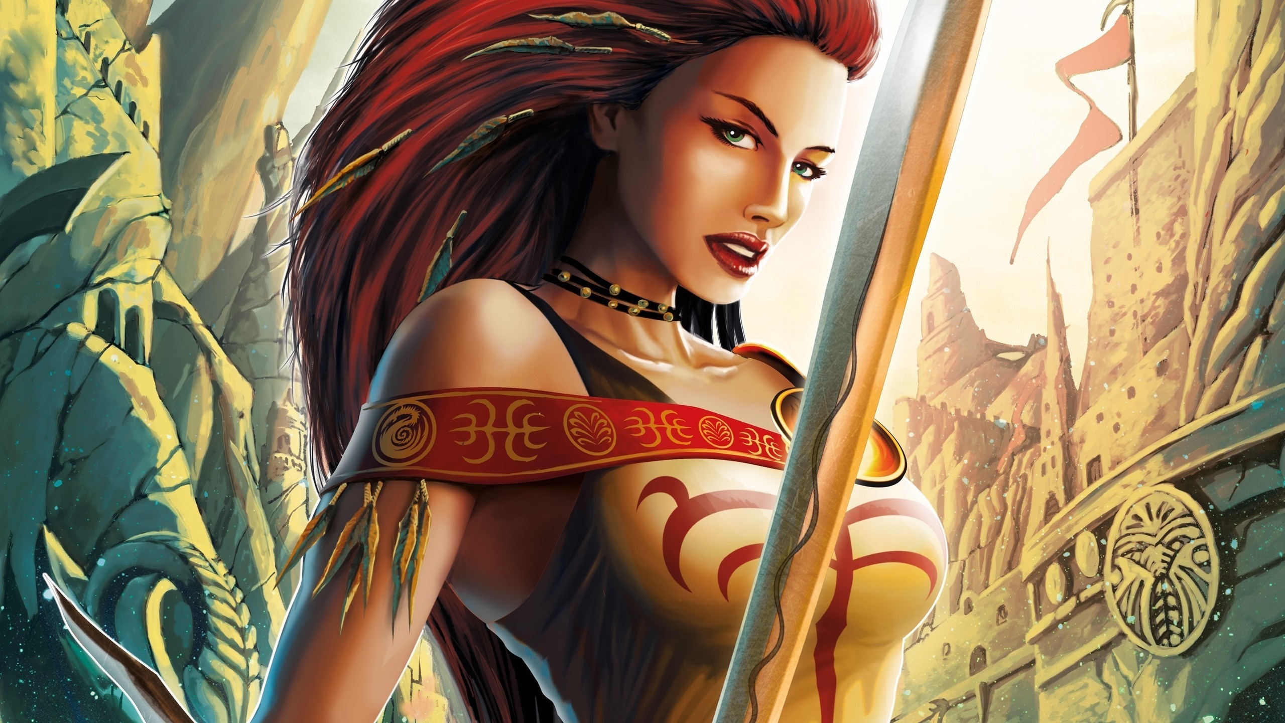 Woman warrior with sword in fantasy city HD Wallpaper