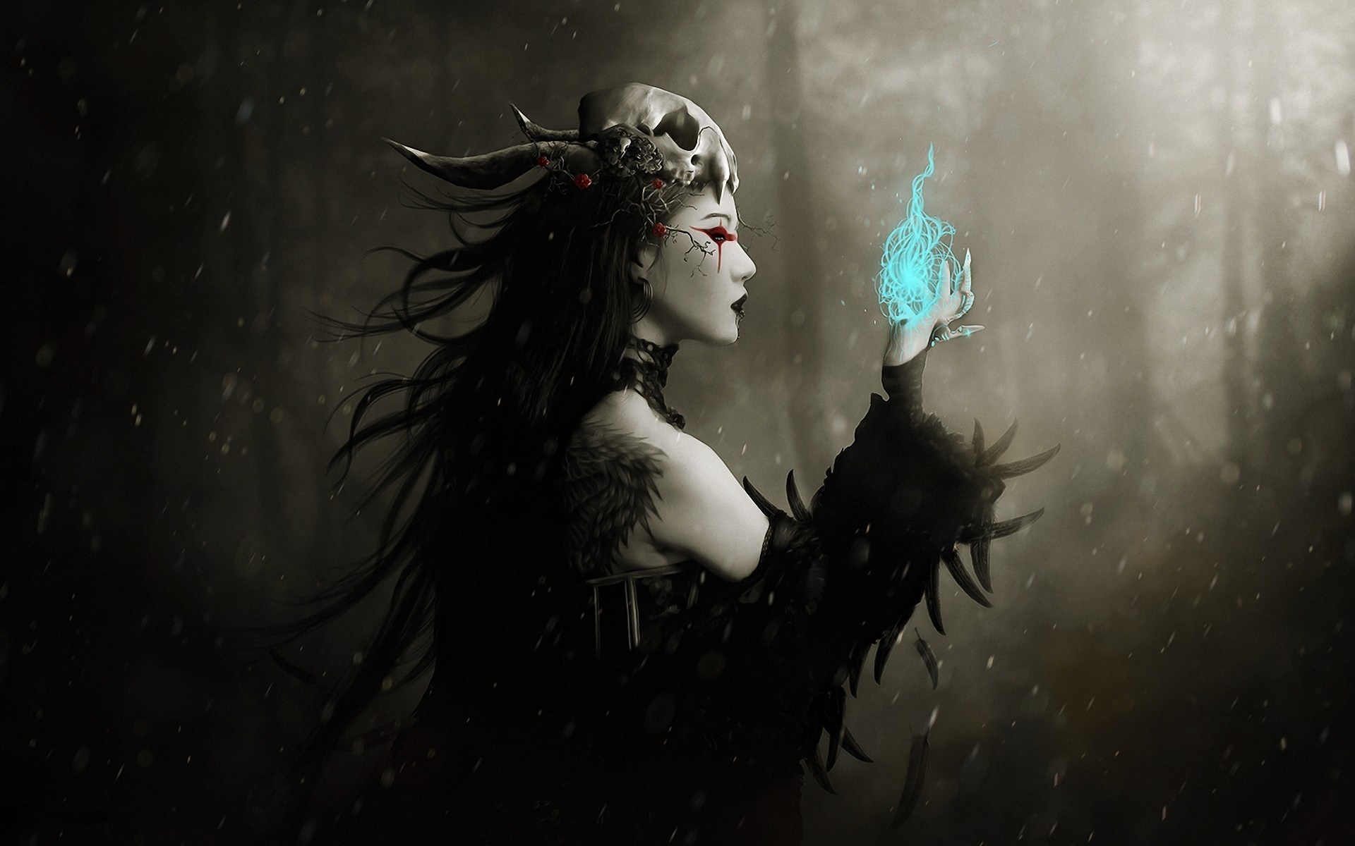 Fantasy art of a sorceress with a skull headdress HD Wallpaper