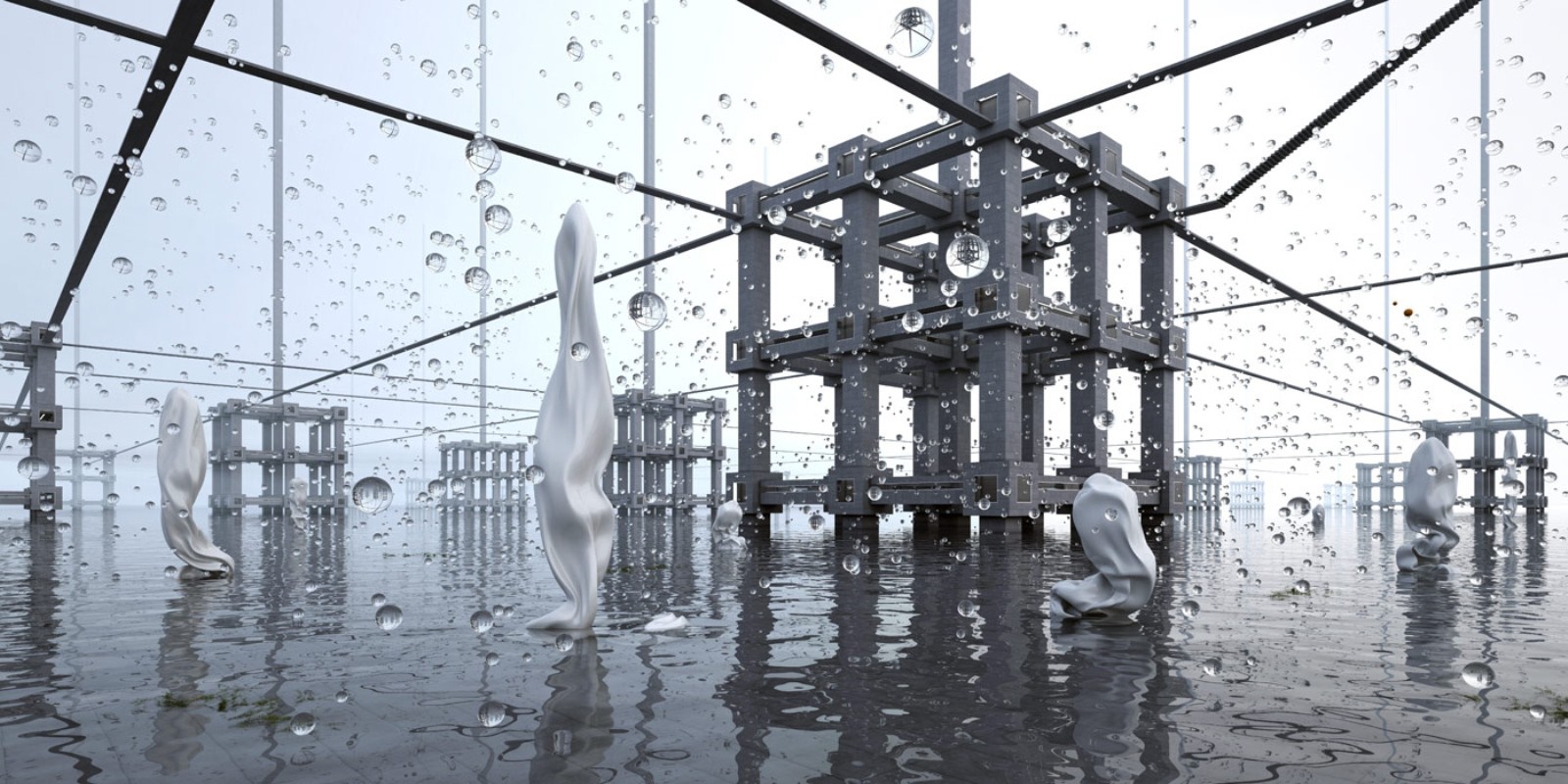 Abstract digital art with water droplets and structures HD Wallpaper
