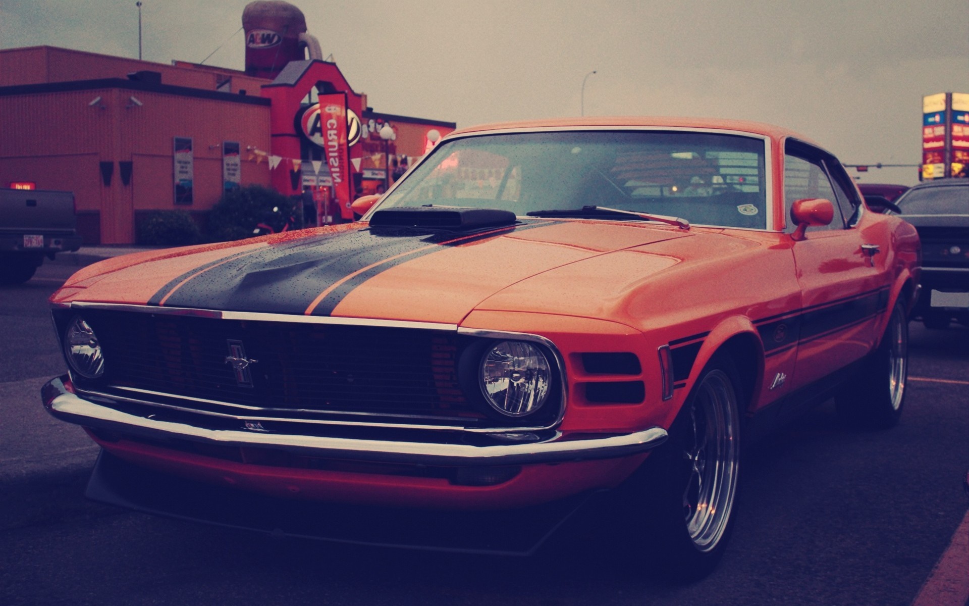 Orange Ford Mustang Mach 1 parked near A&W HD Wallpaper