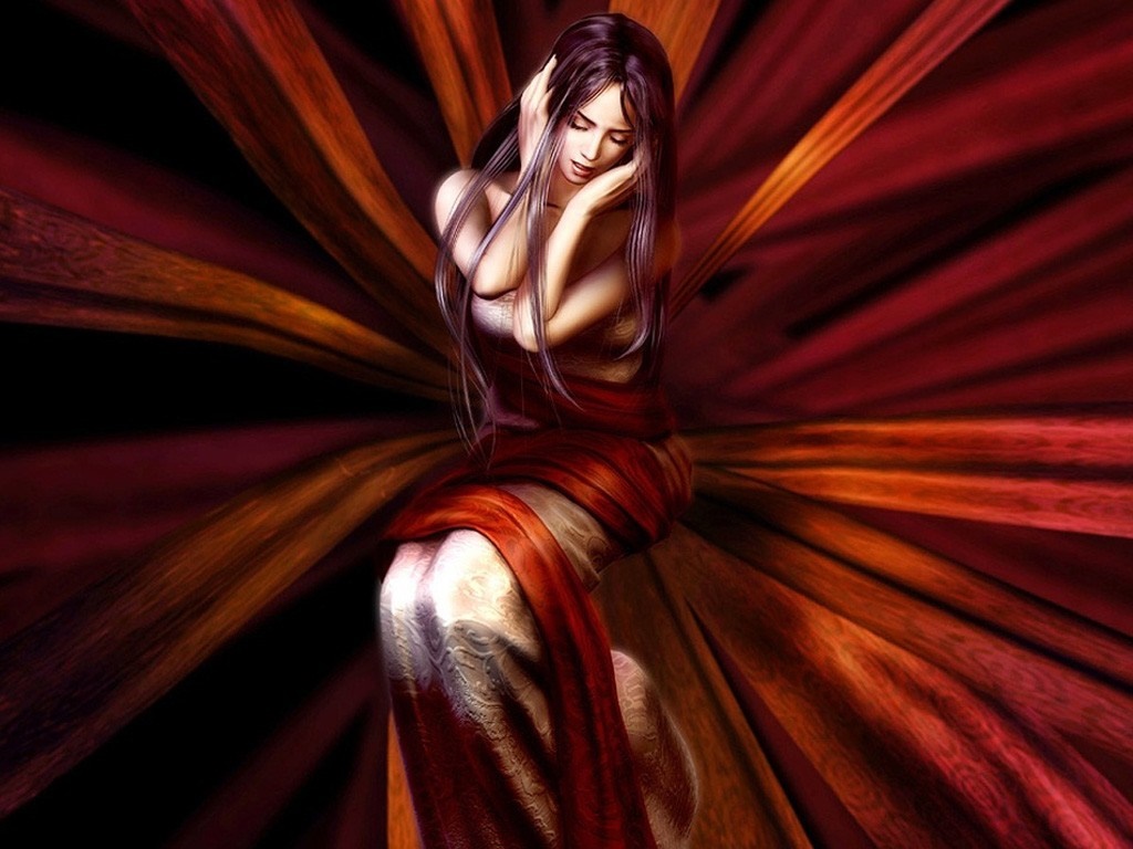 Woman with flowing red and orange fabric HD Wallpaper
