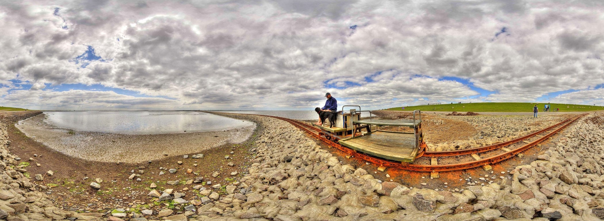 Man and dog on a railway cart by the sea HD Wallpaper