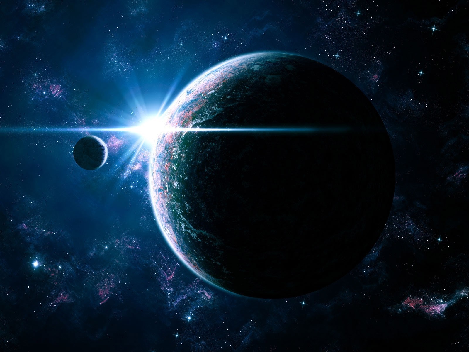 Planet and moon in space with starburst HD Wallpaper