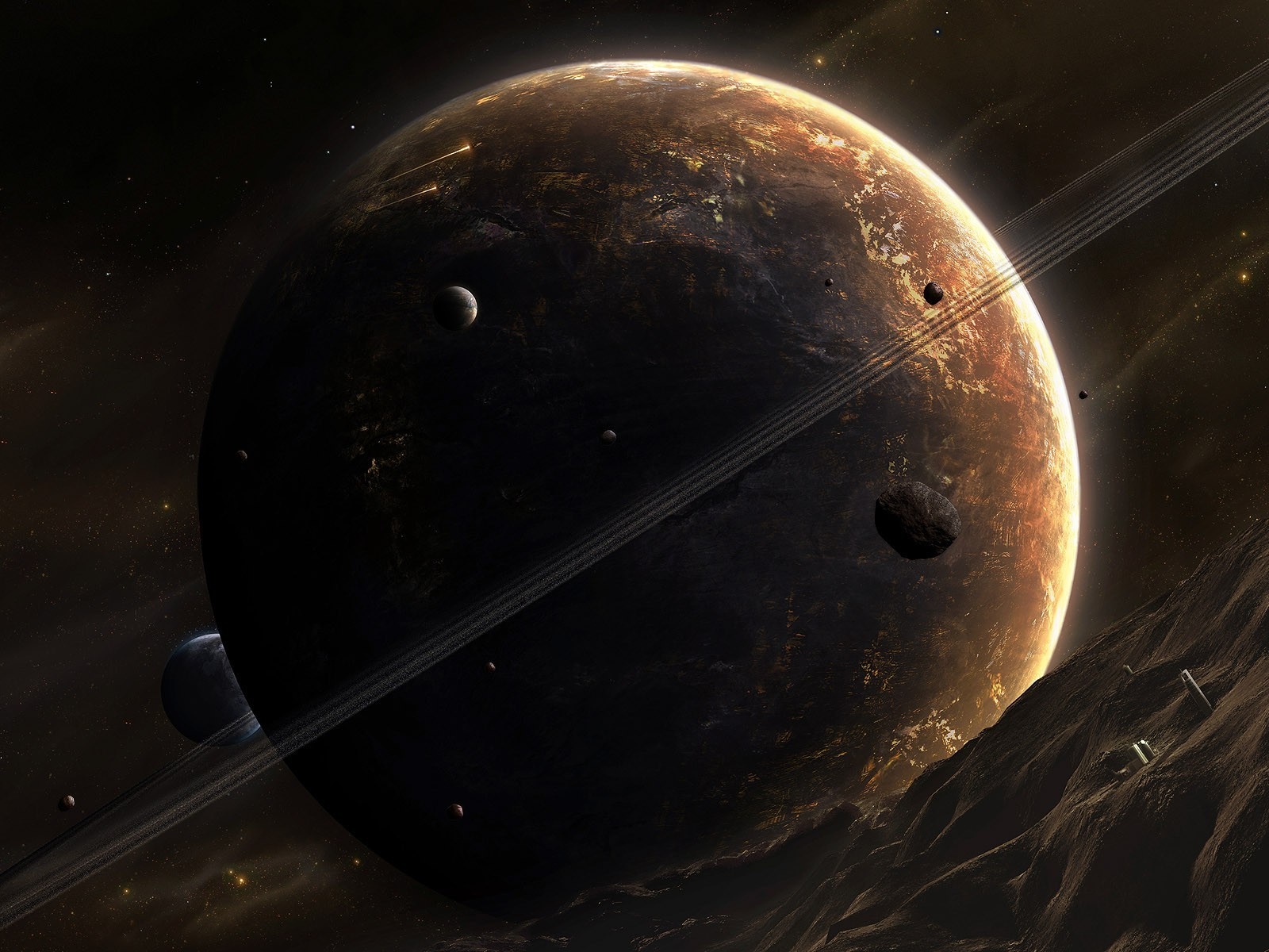 Planet with rings and moons in outer space HD Wallpaper
