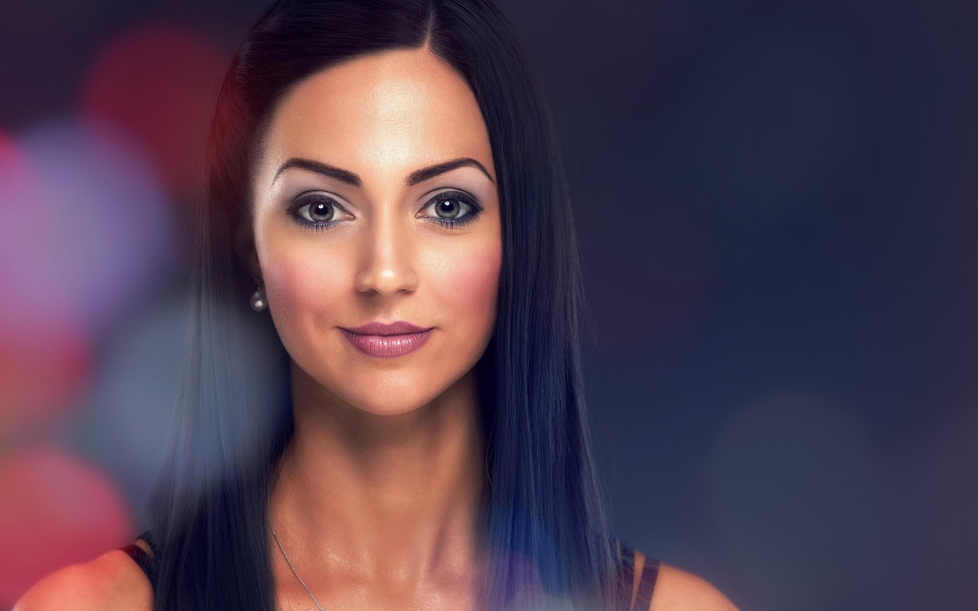 Woman with long black hair and blue eyes HD Wallpaper