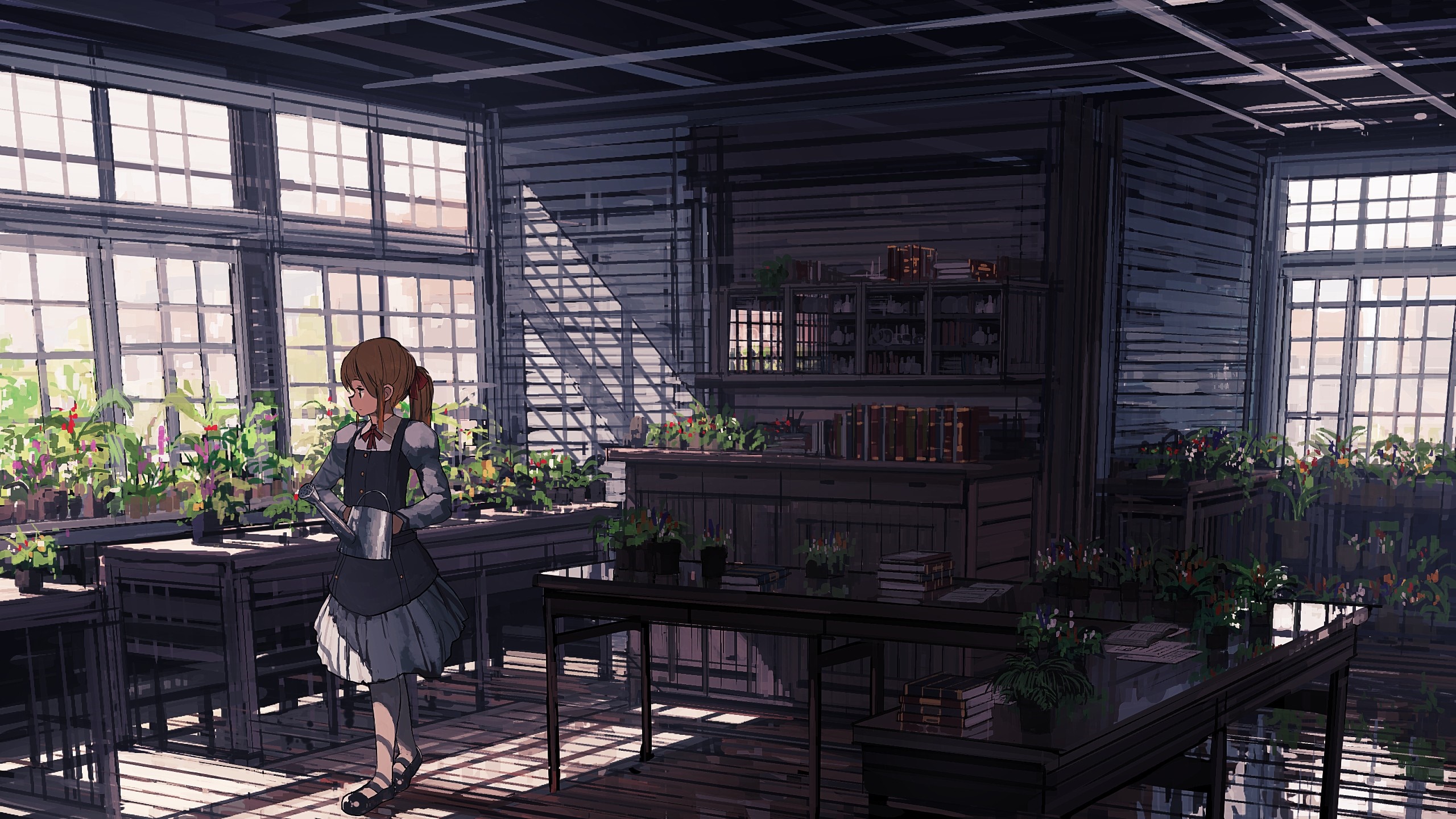 Anime girl watering plants in a greenhouse with books HD Wallpaper