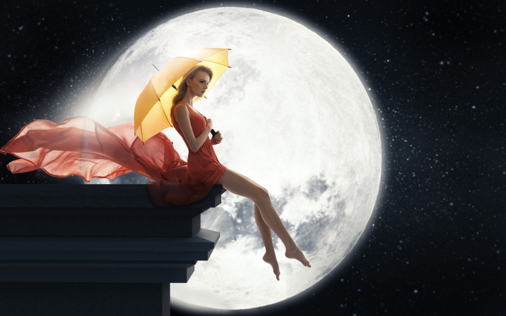 Woman with umbrella sitting on ledge under moon HD Wallpaper