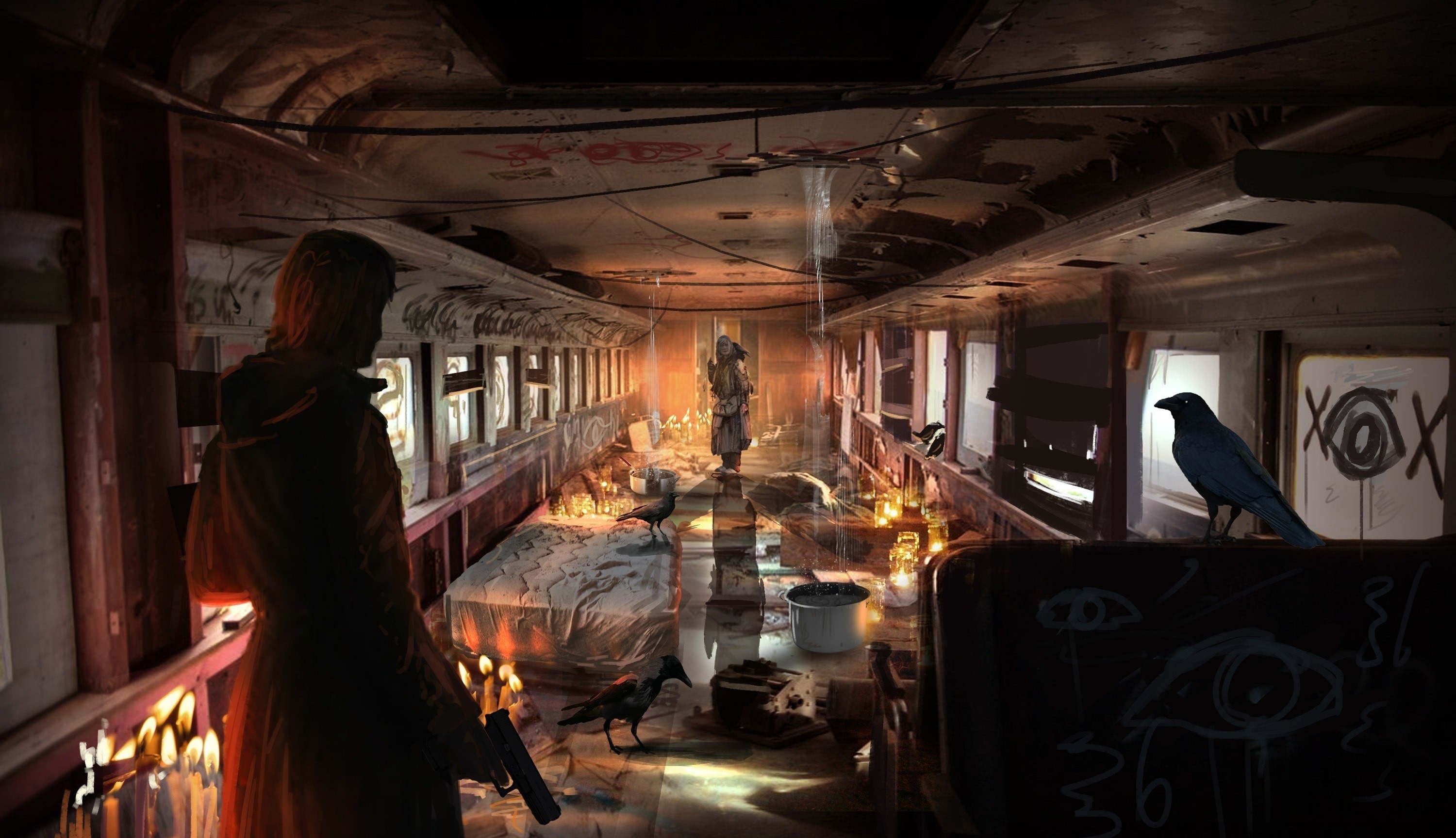 Post-apocalyptic train interior with figures and crows HD Wallpaper