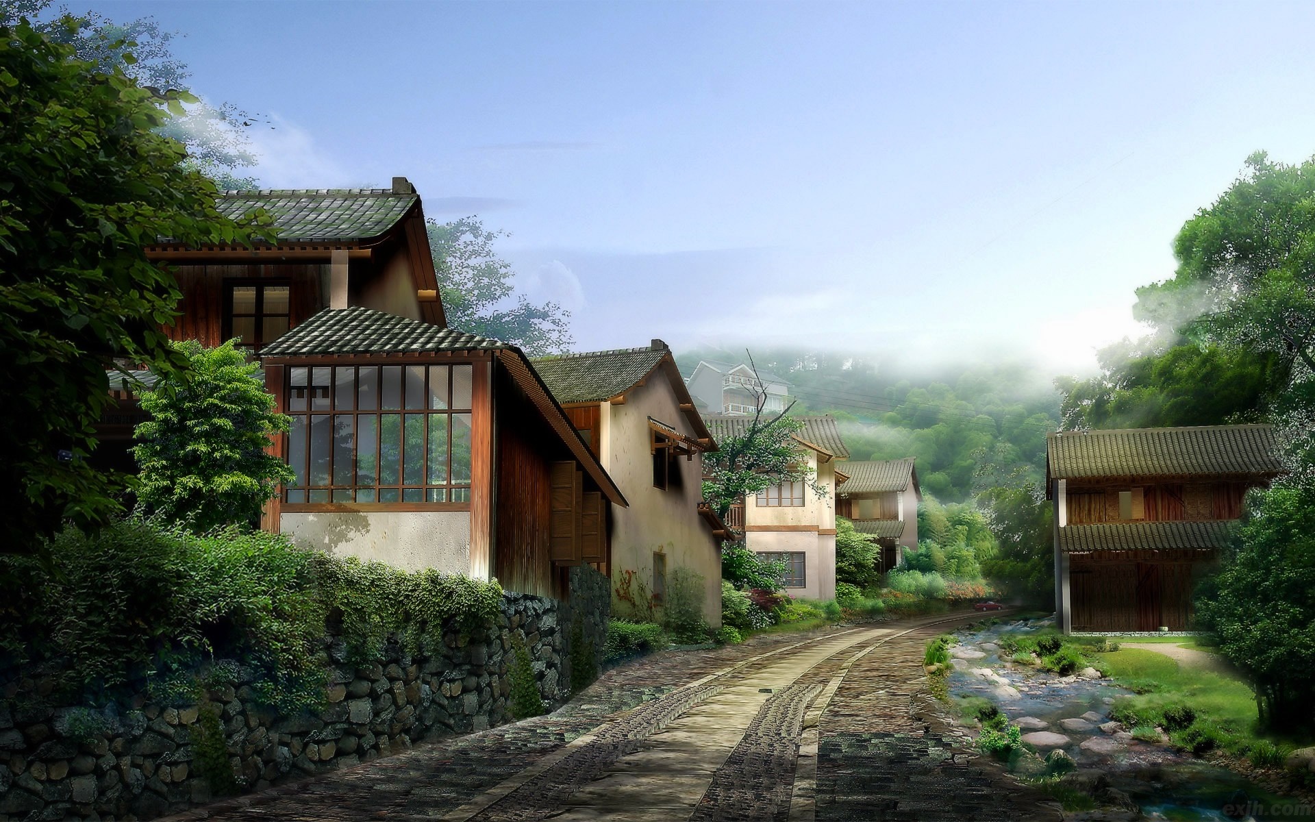 Traditional Chinese village with a winding road and stream HD Wallpaper