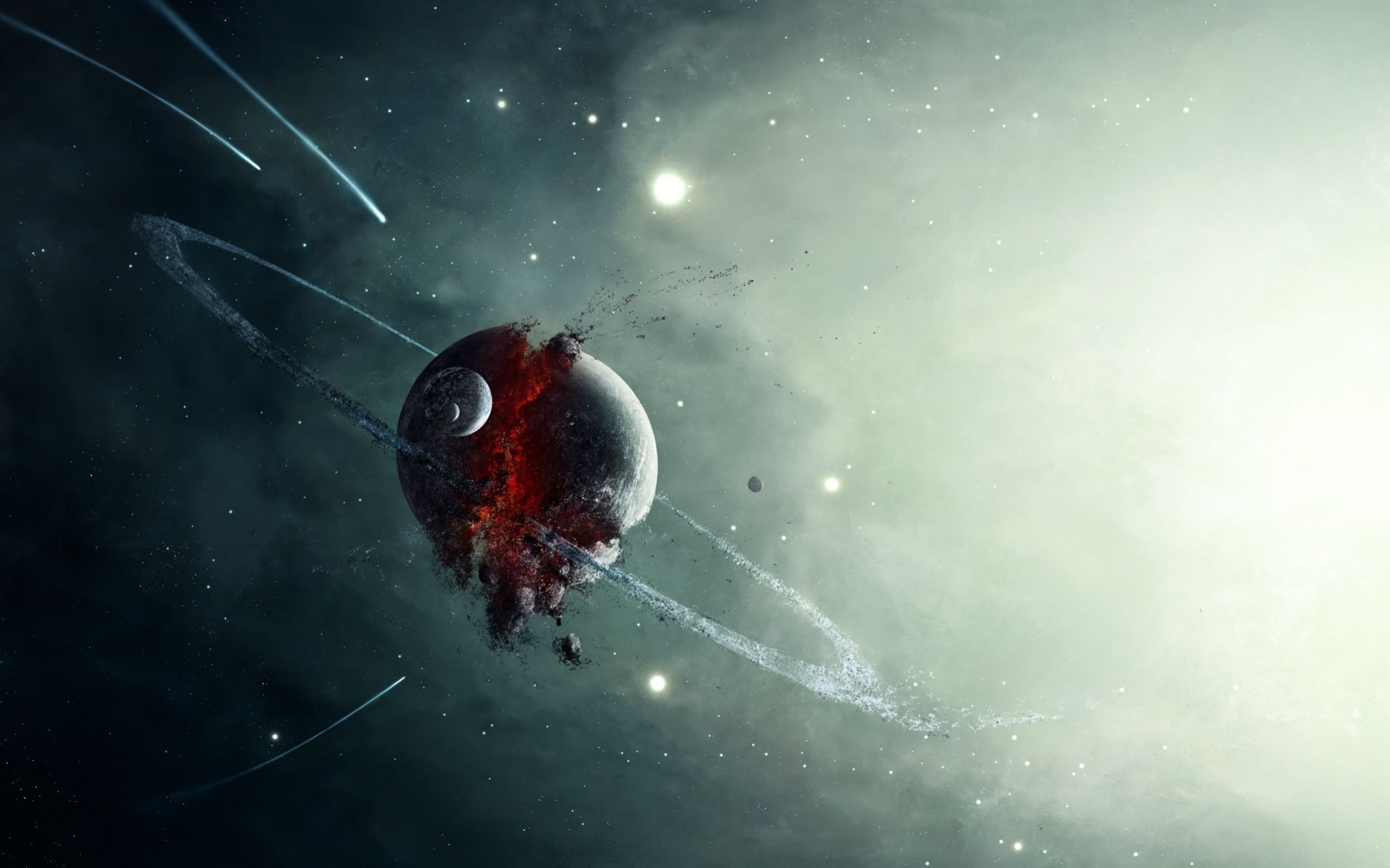 Destroyed planet with rings and comets in space HD Wallpaper