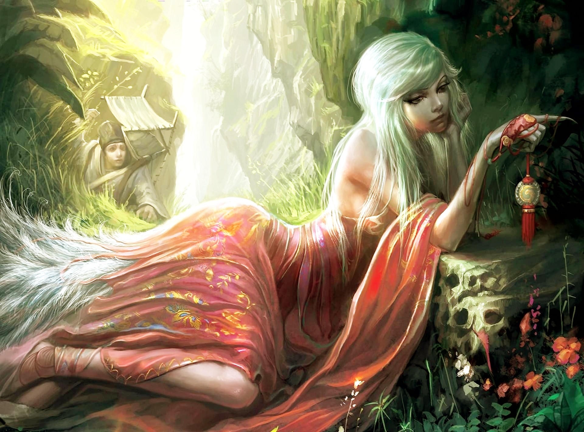 Fantasy art of a woman with white hair and a man in a cave HD Wallpaper