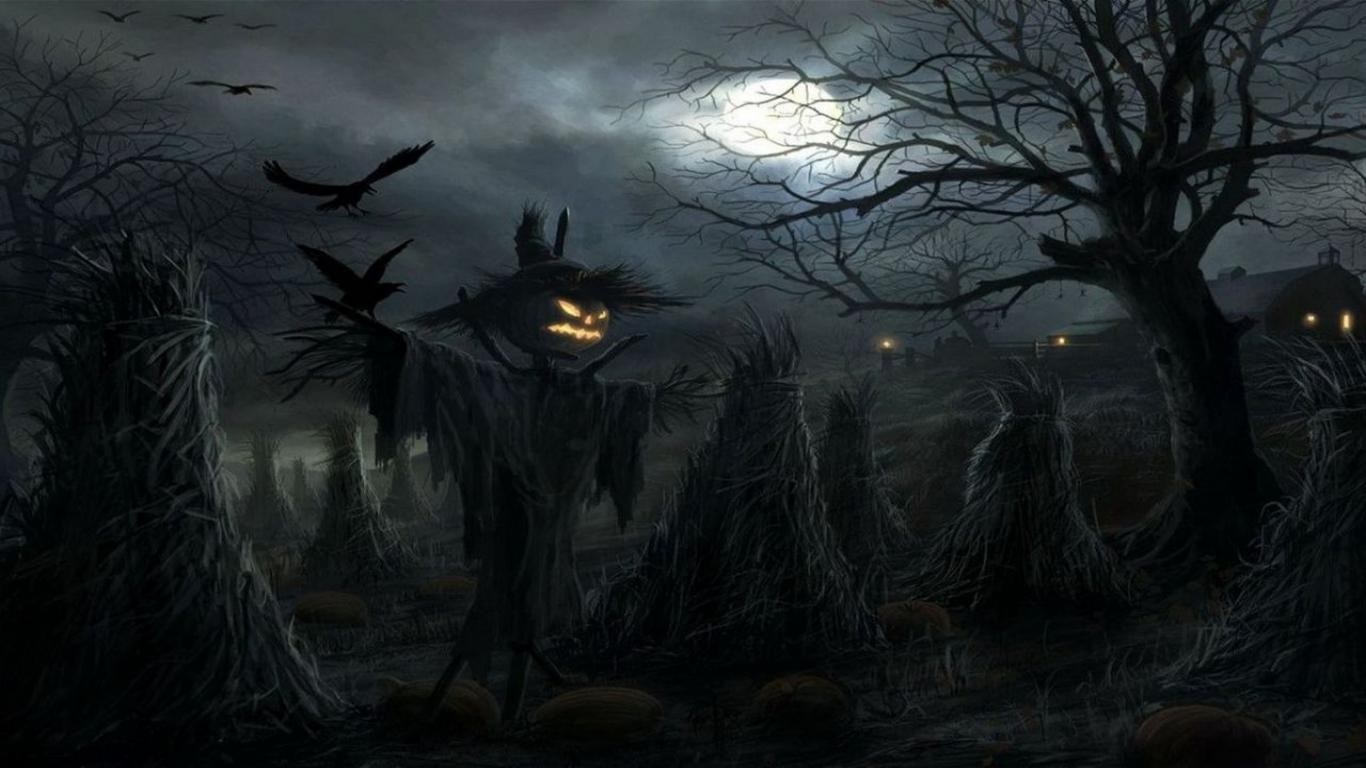 Halloween night with a scarecrow and crows HD Wallpaper