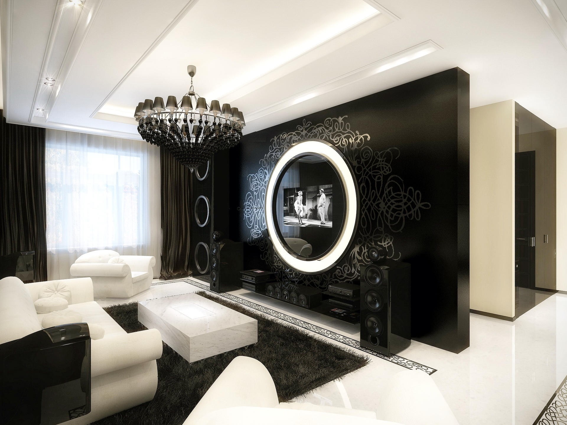 Modern living room with black and white decor HD Wallpaper