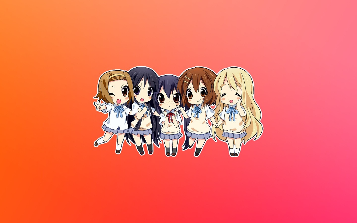Chibi characters from K-On! on an orange and pink gradient background HD Wallpaper