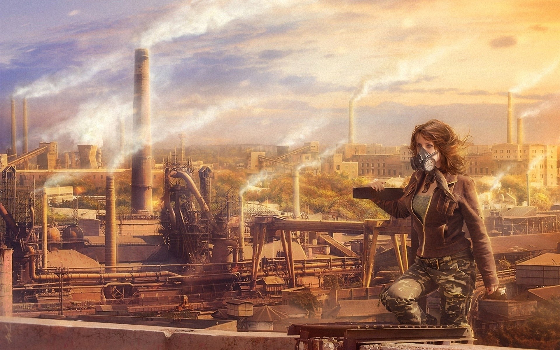 Woman in gas mask overlooking industrial city HD Wallpaper