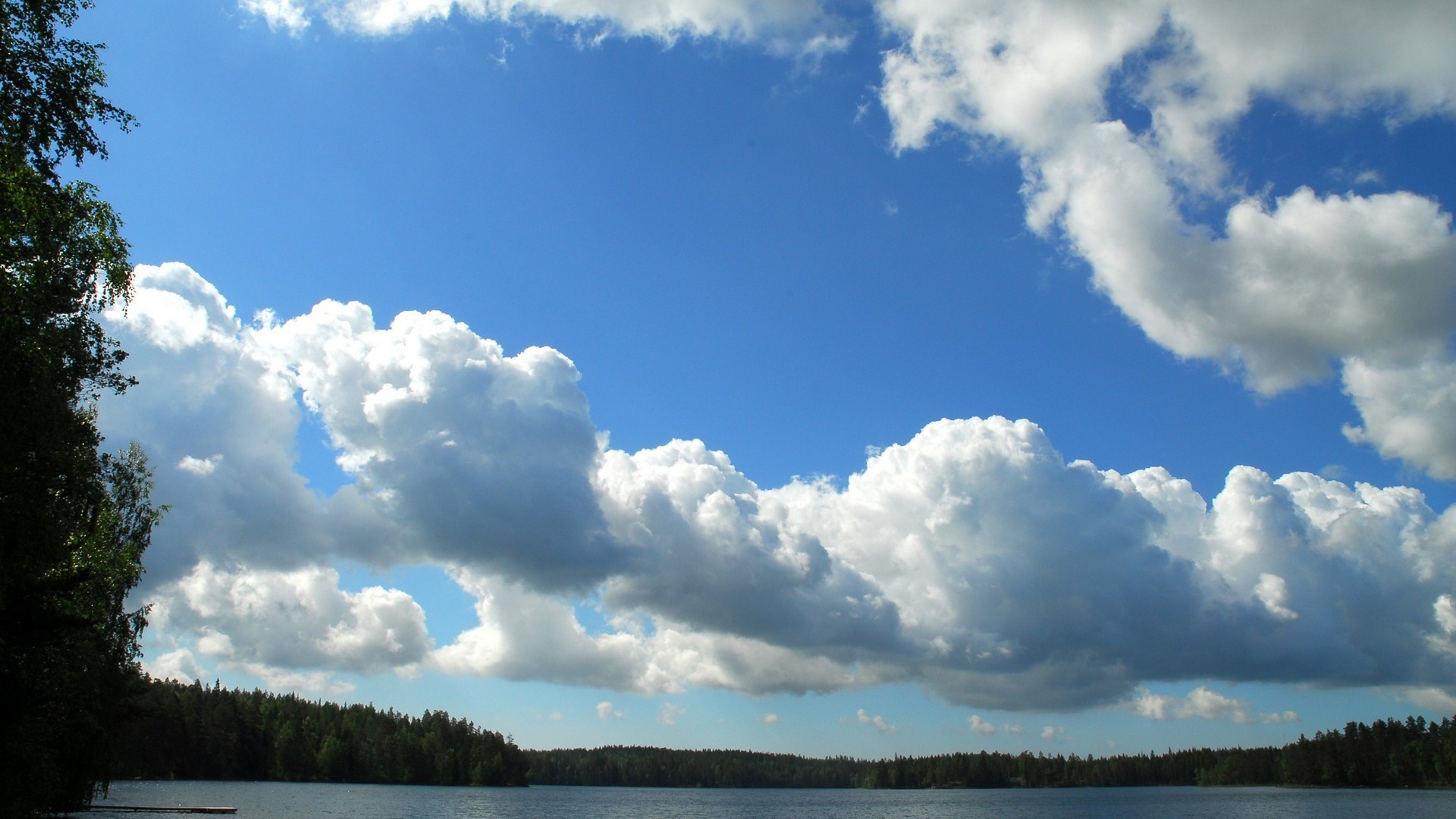 Lake and forest under a cloudy blue sky HD Wallpaper