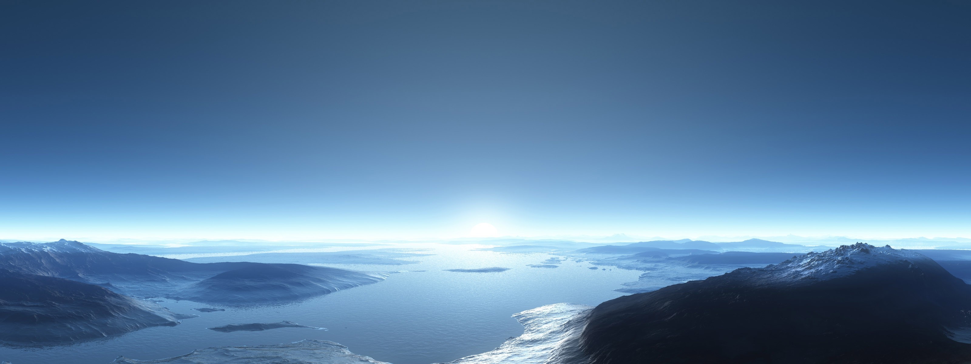 Snowy mountains and a fjord at sunrise HD Wallpaper