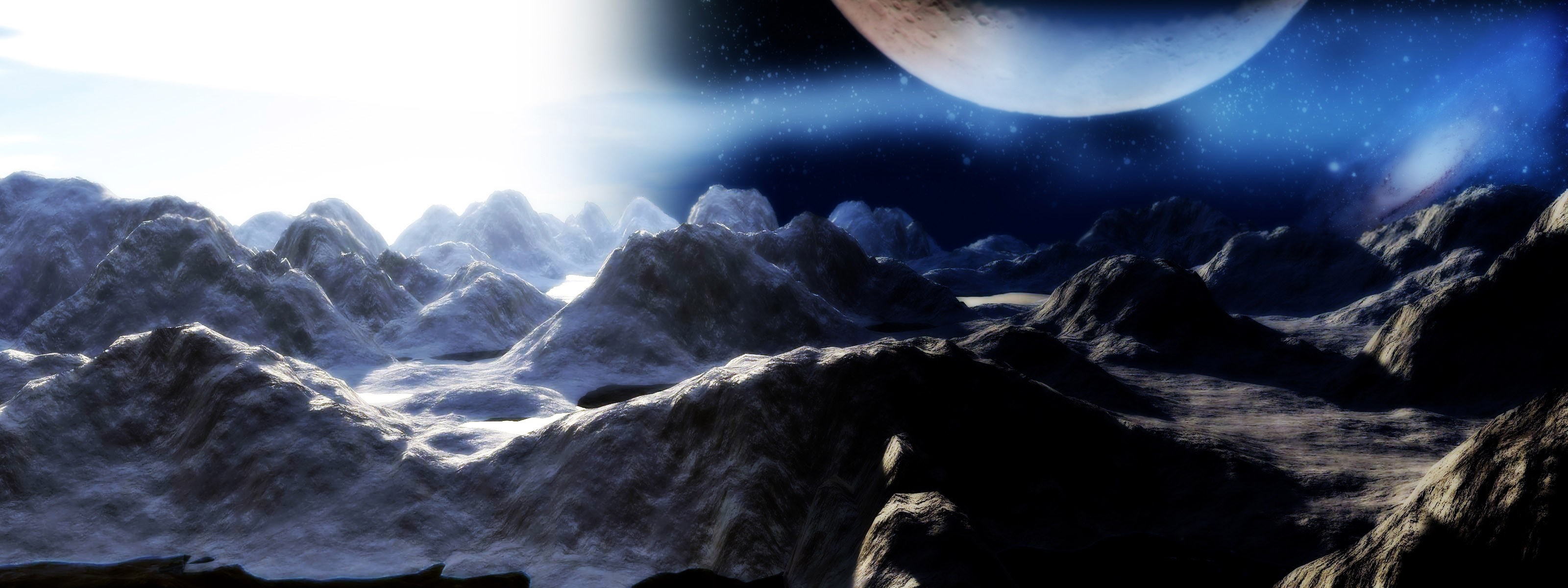 Alien planet landscape with mountains and a large moon HD Wallpaper