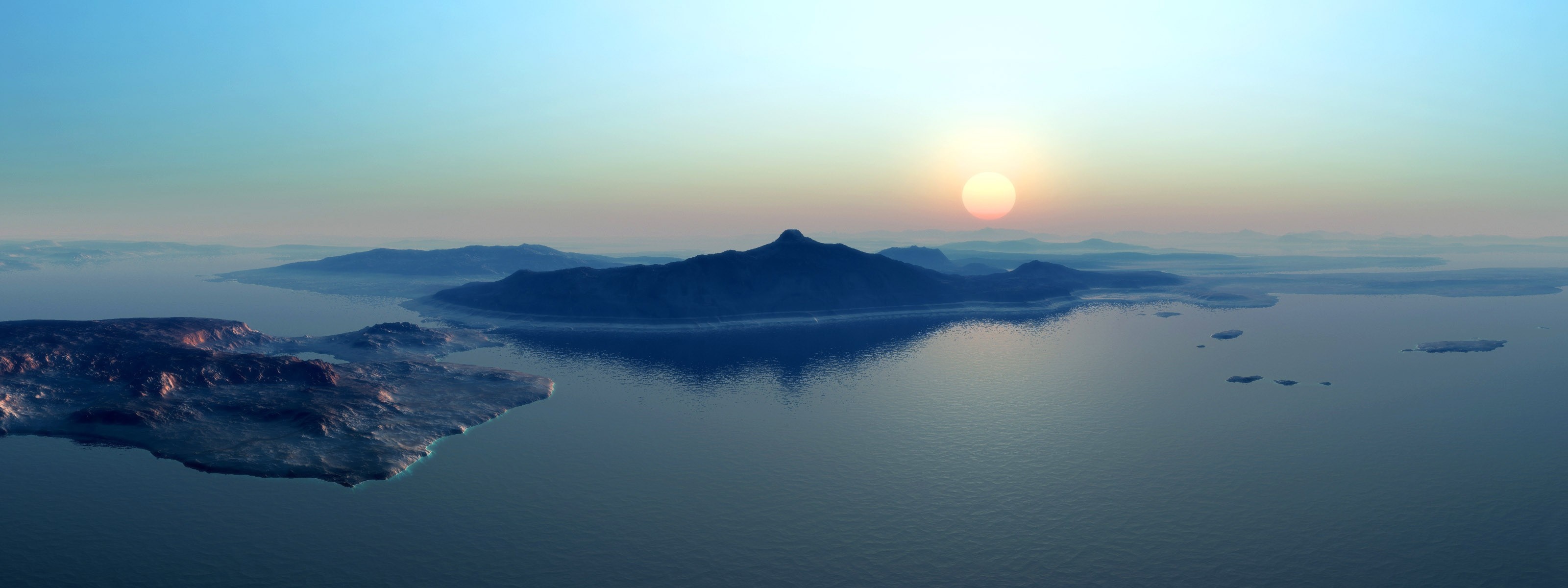 Panoramic view of islands and mountains at sunrise over the sea HD Wallpaper