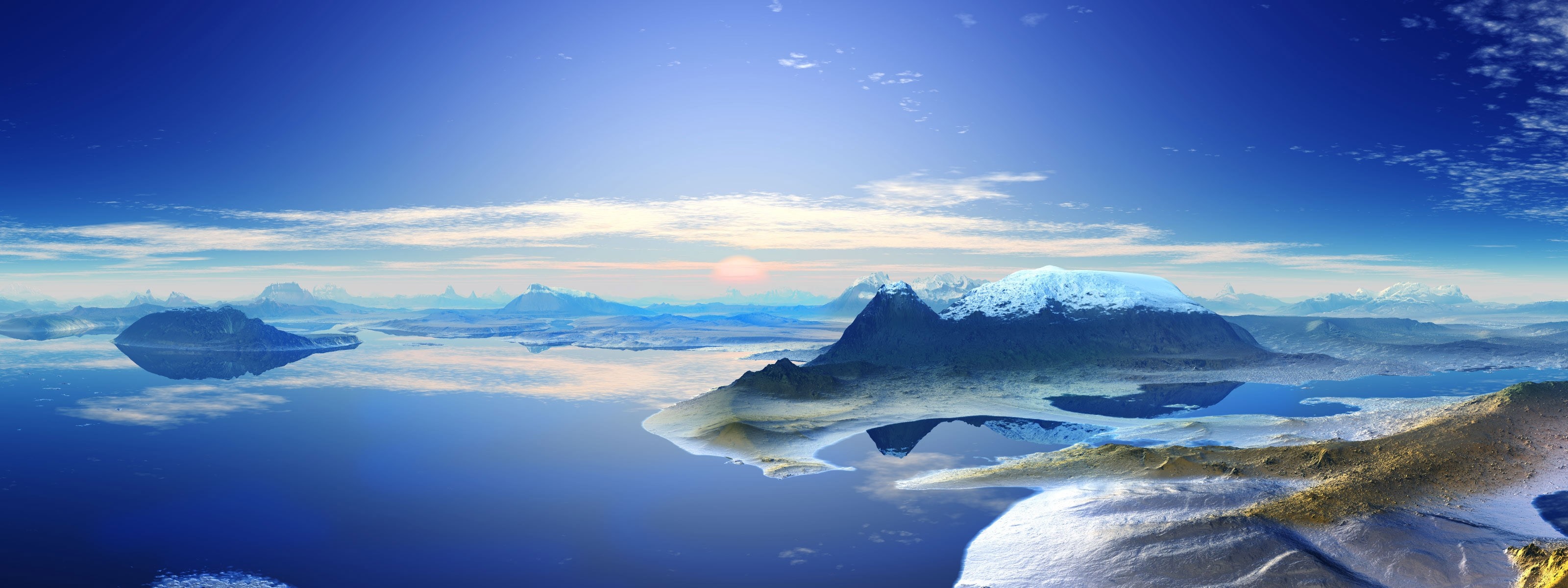 Panoramic view of icy mountains reflected in calm water under a blue sky HD Wallpaper
