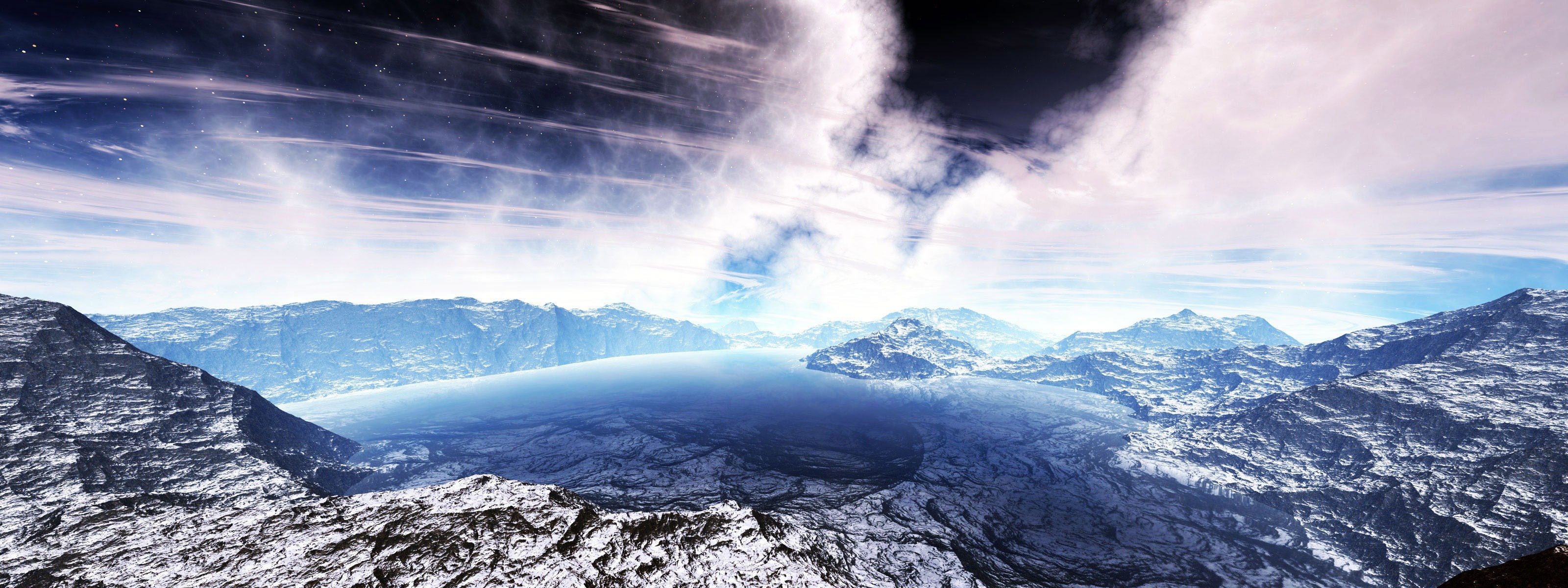 Snowy mountains and a lake under a cloudy sky HD Wallpaper