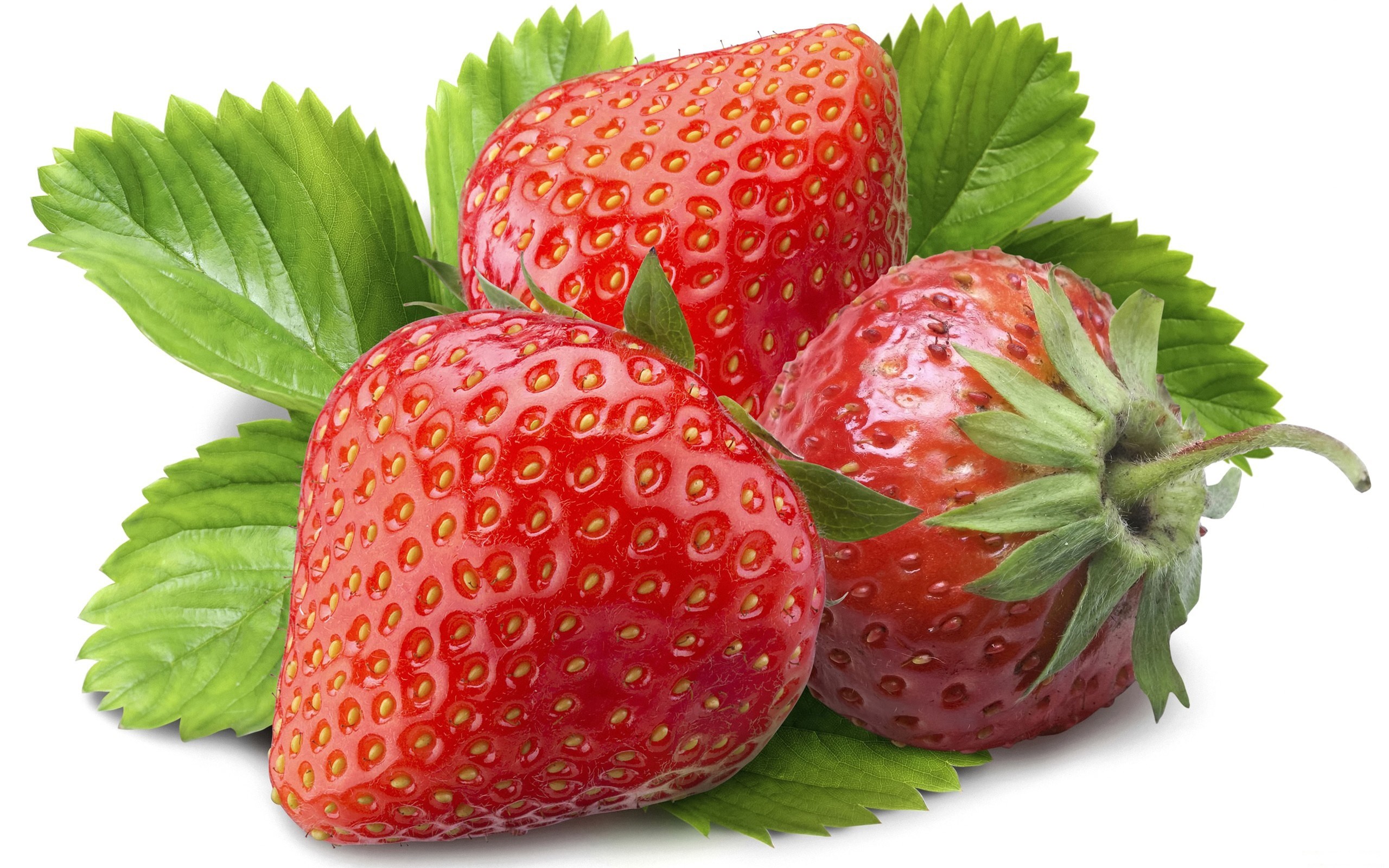 Three ripe strawberries with green leaves HD Wallpaper