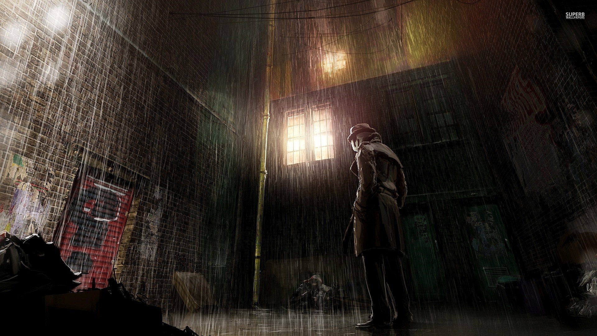 Rorschach from Watchmen in a rainy alley HD Wallpaper