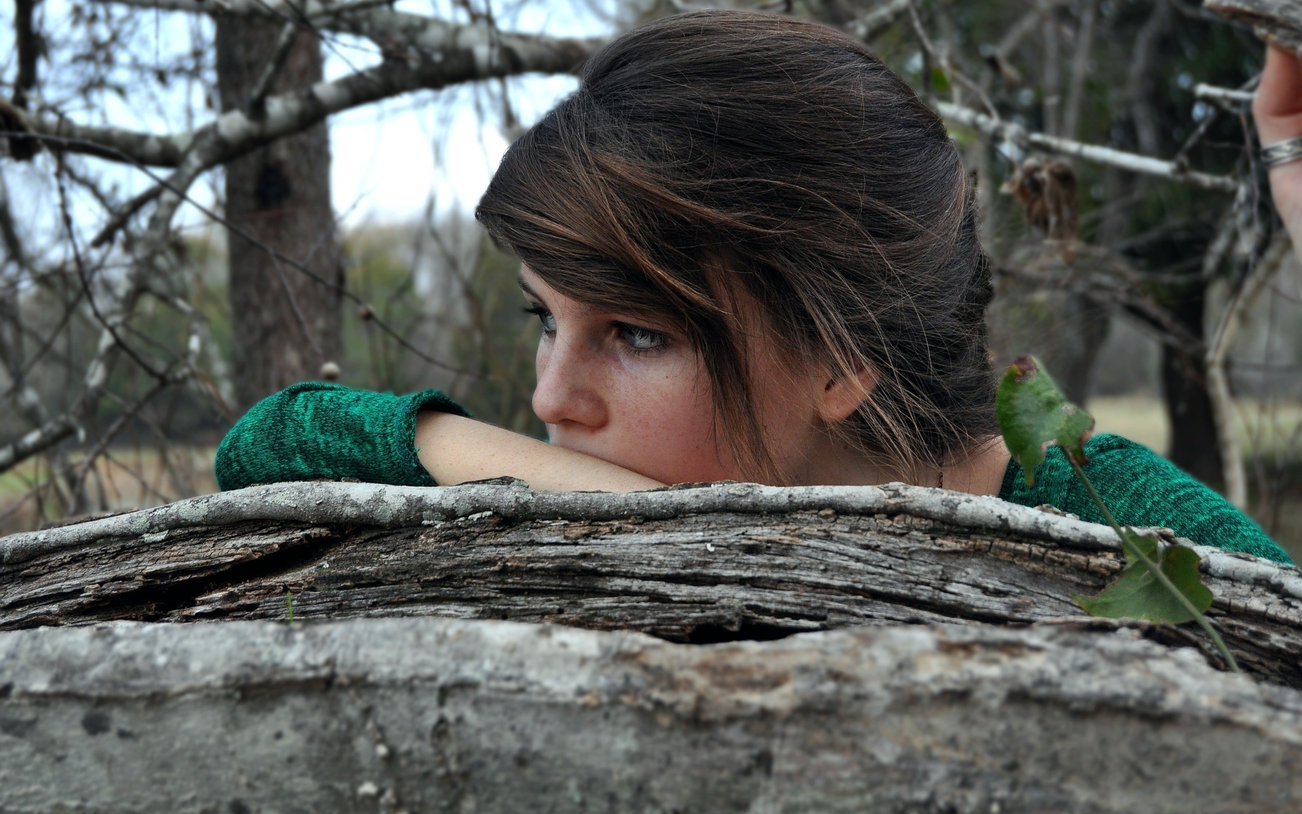 Young woman with brown hair wearing green sweater in forest HD Wallpaper