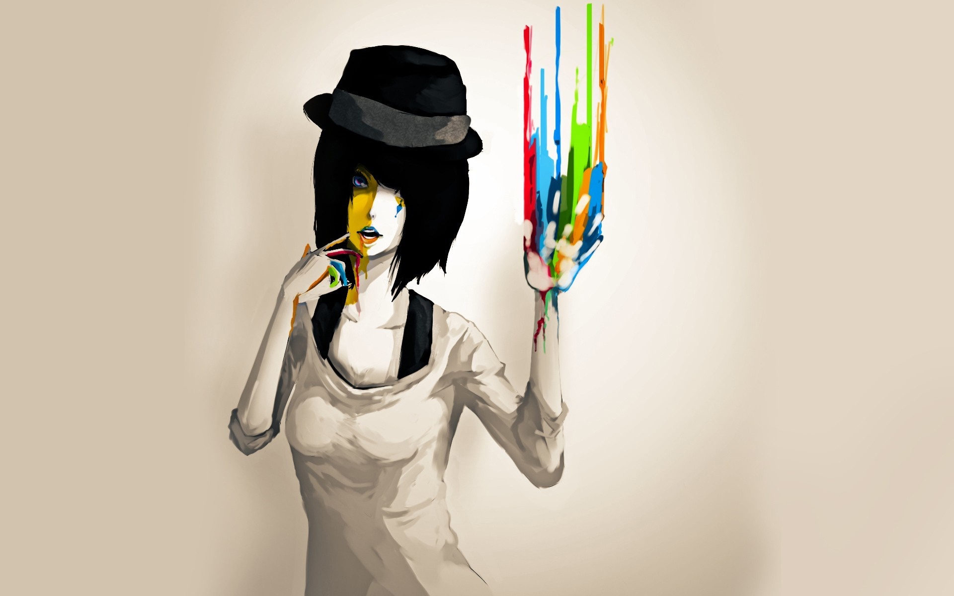 Anime girl with black hat and colorful paint drips HD Wallpaper