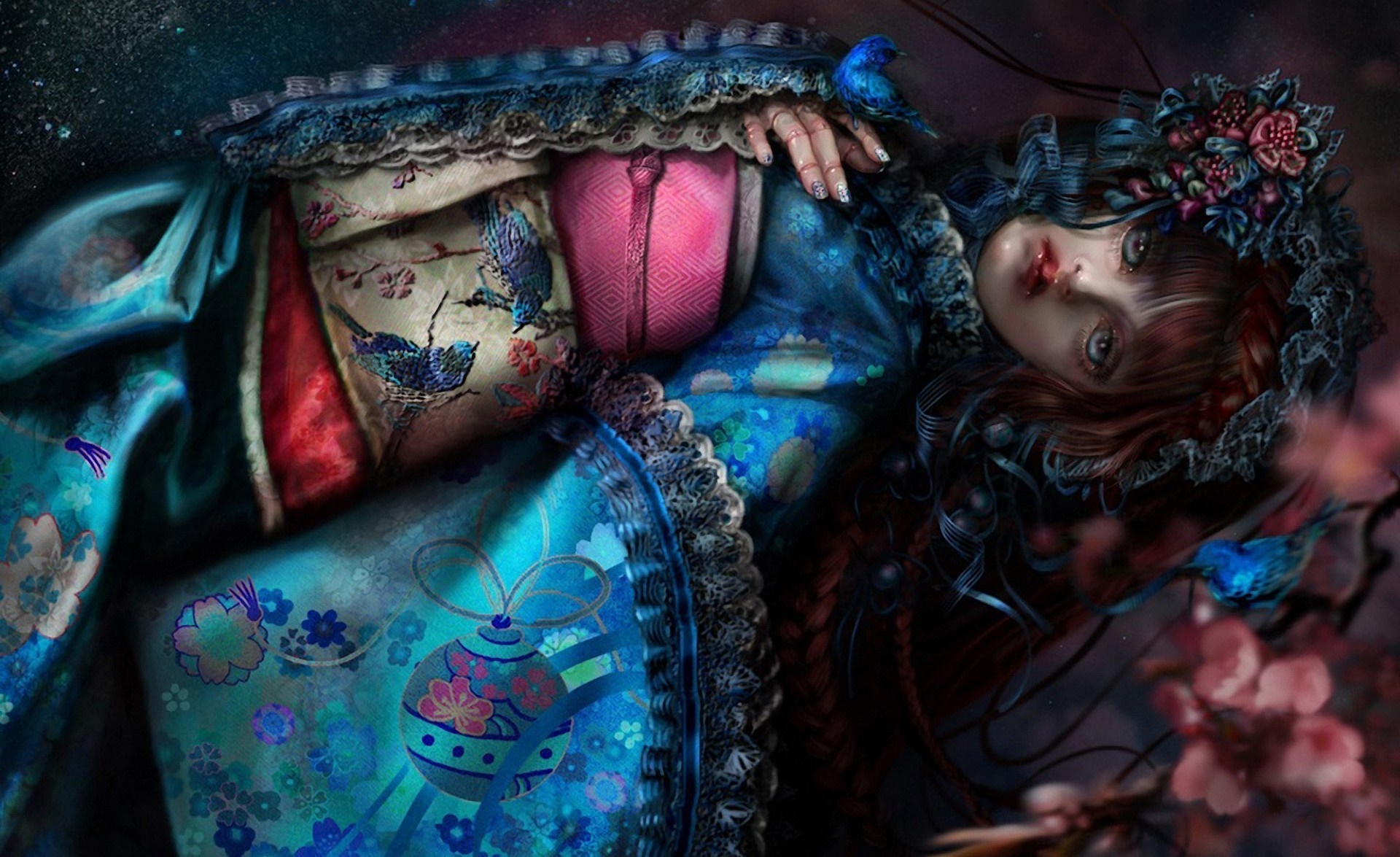 Artwork of a doll in ornate clothing with birds HD Wallpaper