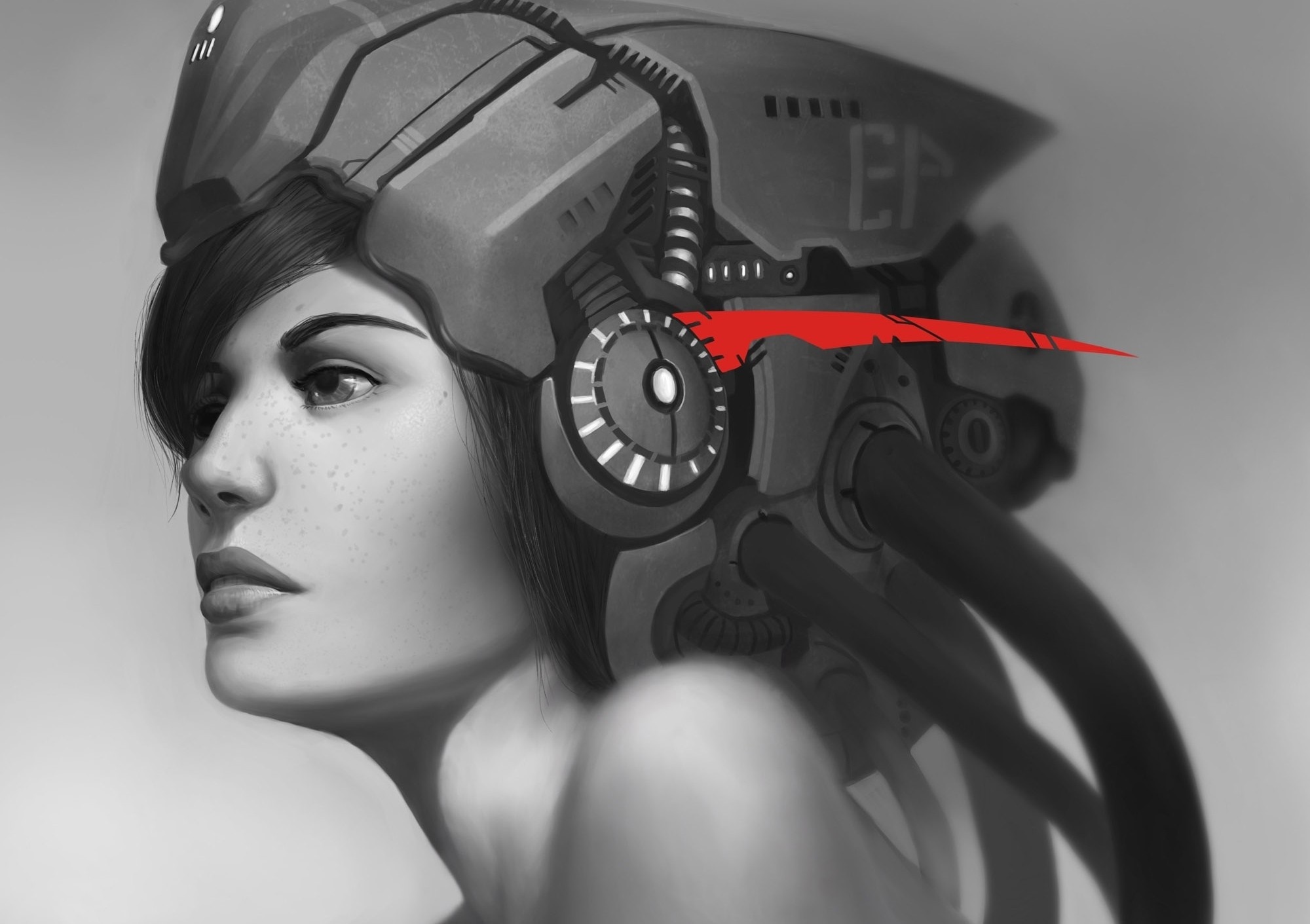 Artwork of a woman with a cybernetic helmet HD Wallpaper