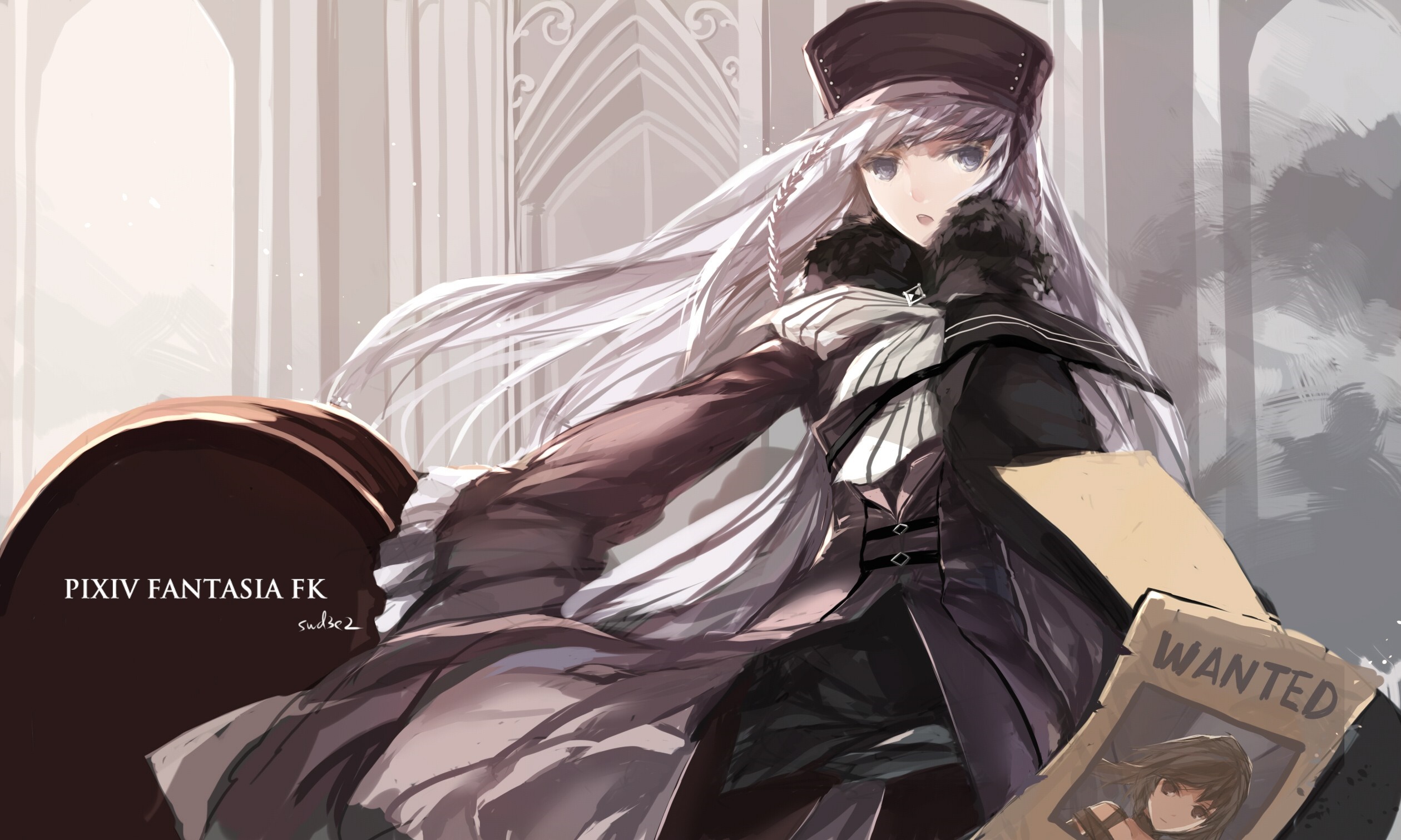 Anime girl with white hair holding a wanted poster HD Wallpaper