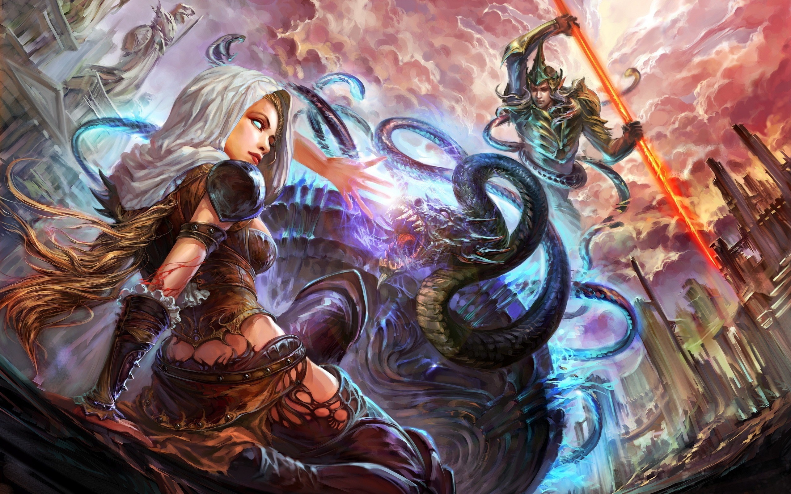 Fantasy art of a woman fighting a dragon and a warrior HD Wallpaper