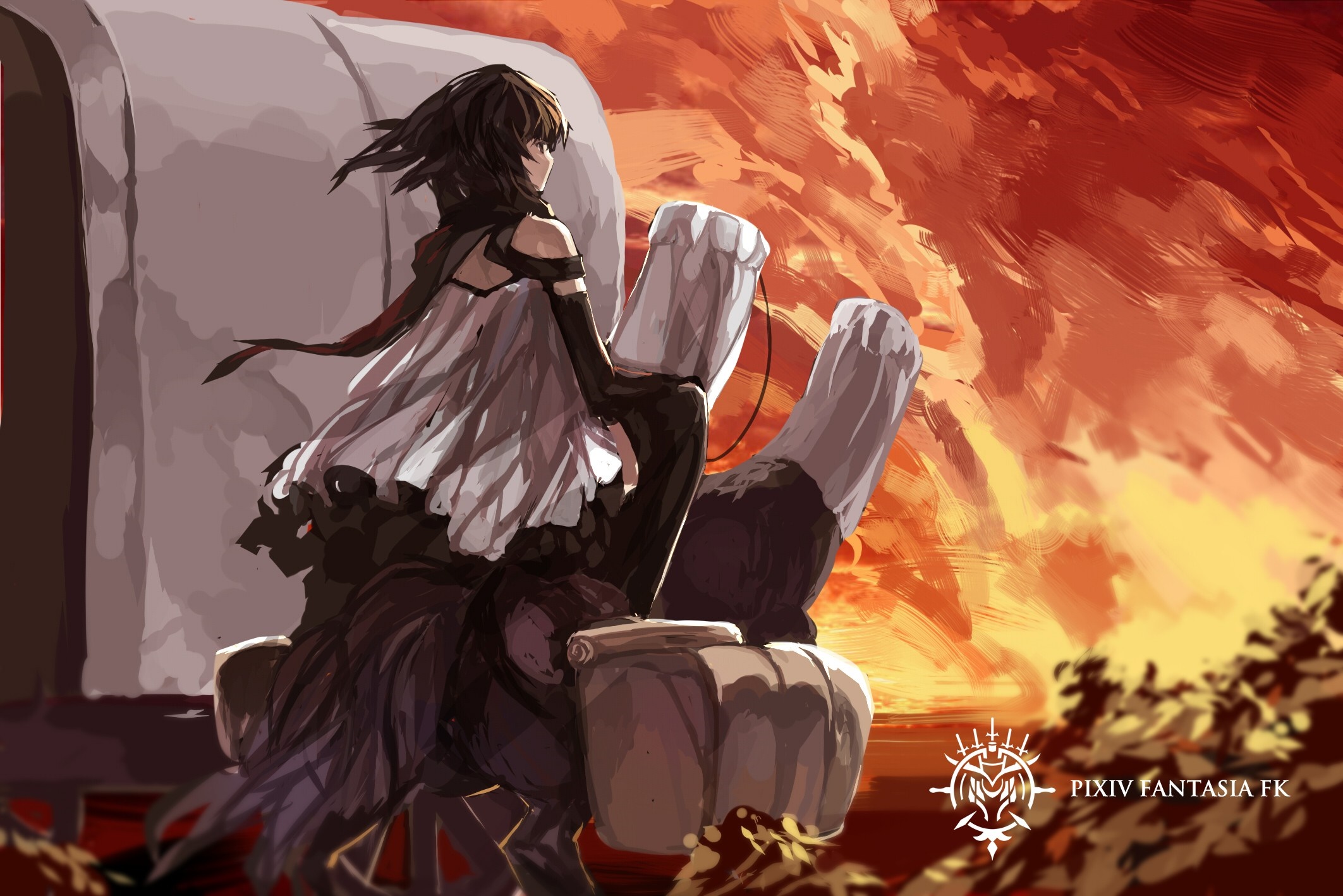 Girl with black hair on a large structure with fiery sky HD Wallpaper
