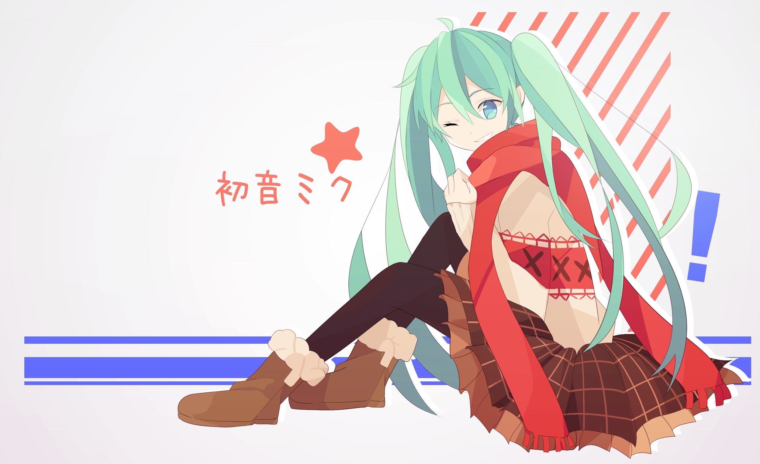 Hatsune Miku from Vocaloid sitting with a red scarf HD Wallpaper
