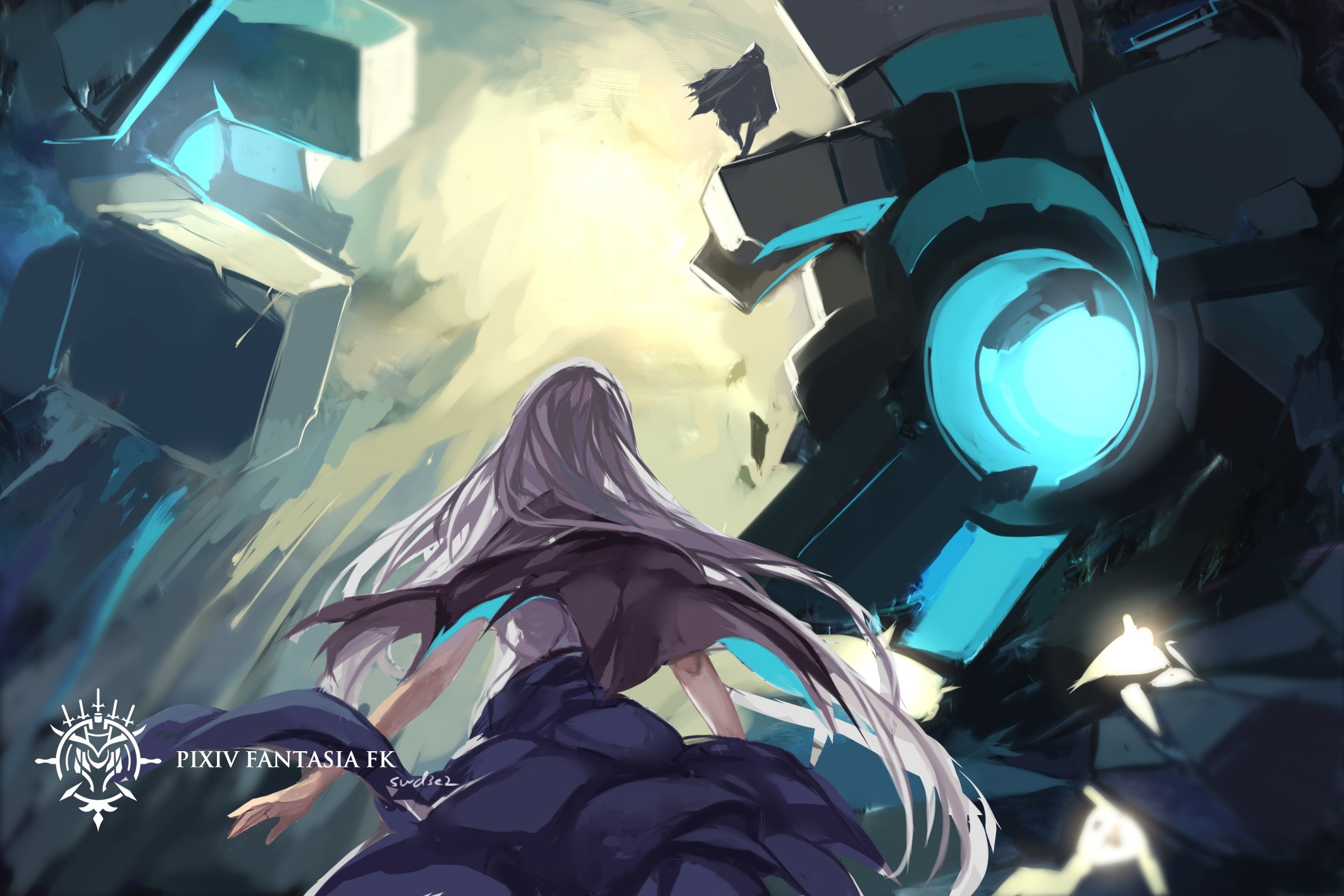 Girl with long white hair facing mecha in Pixiv Fantasia HD Wallpaper