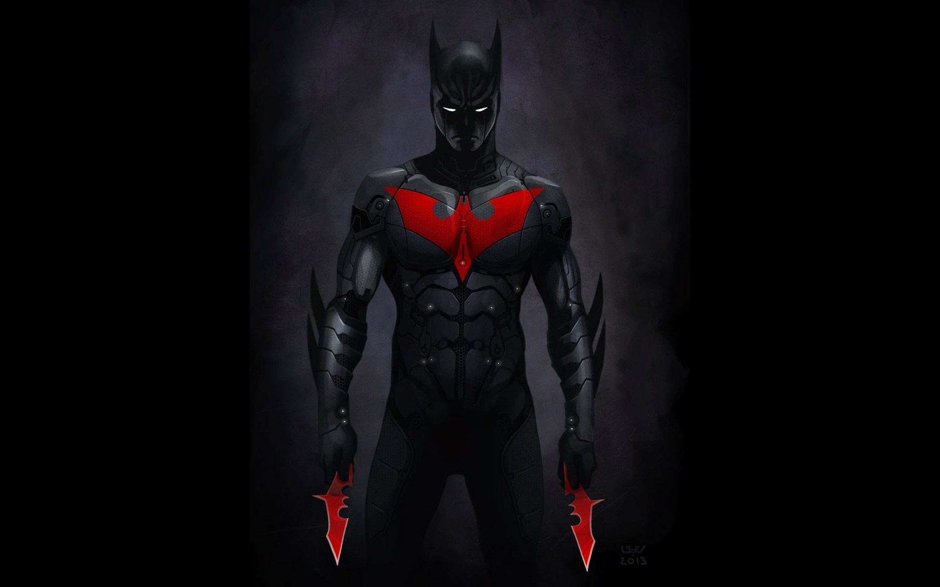 Batman Beyond holding red bat-shaped blades HD Wallpaper