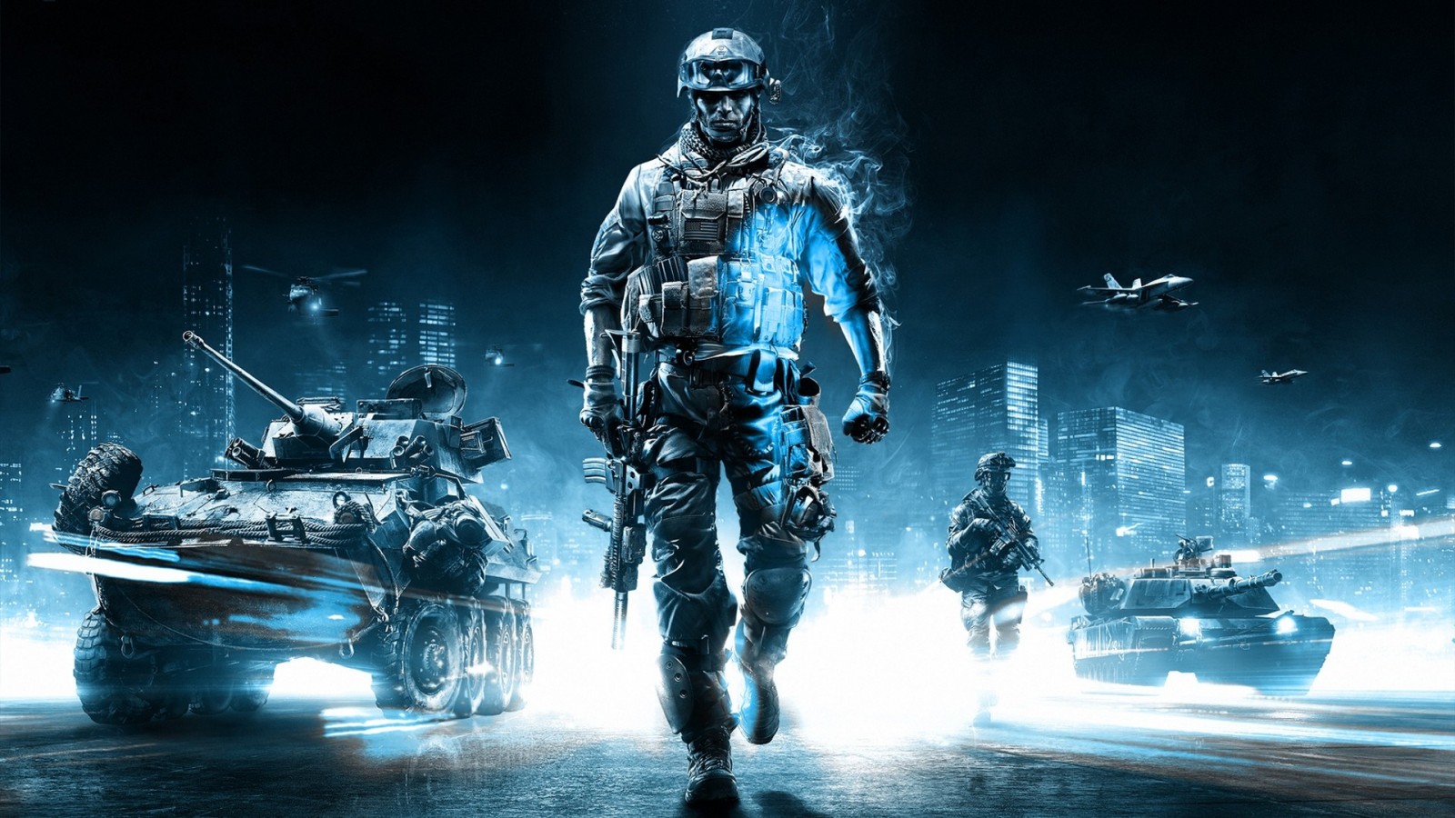 Soldier with tanks and jets in a city HD Wallpaper