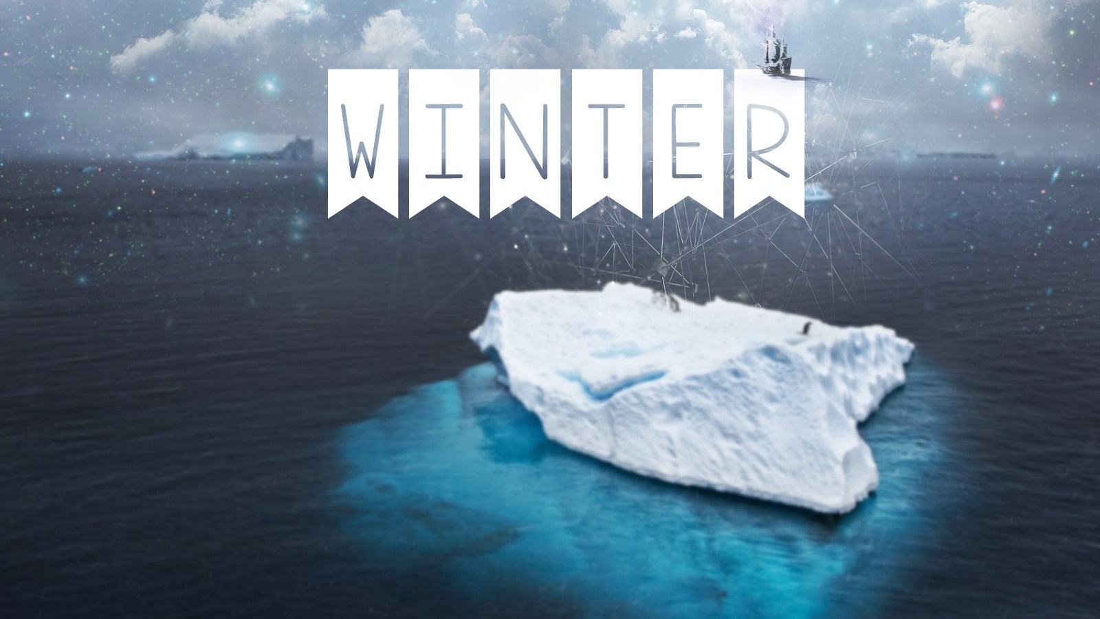 Winter scene with iceberg and ship in the sky HD Wallpaper