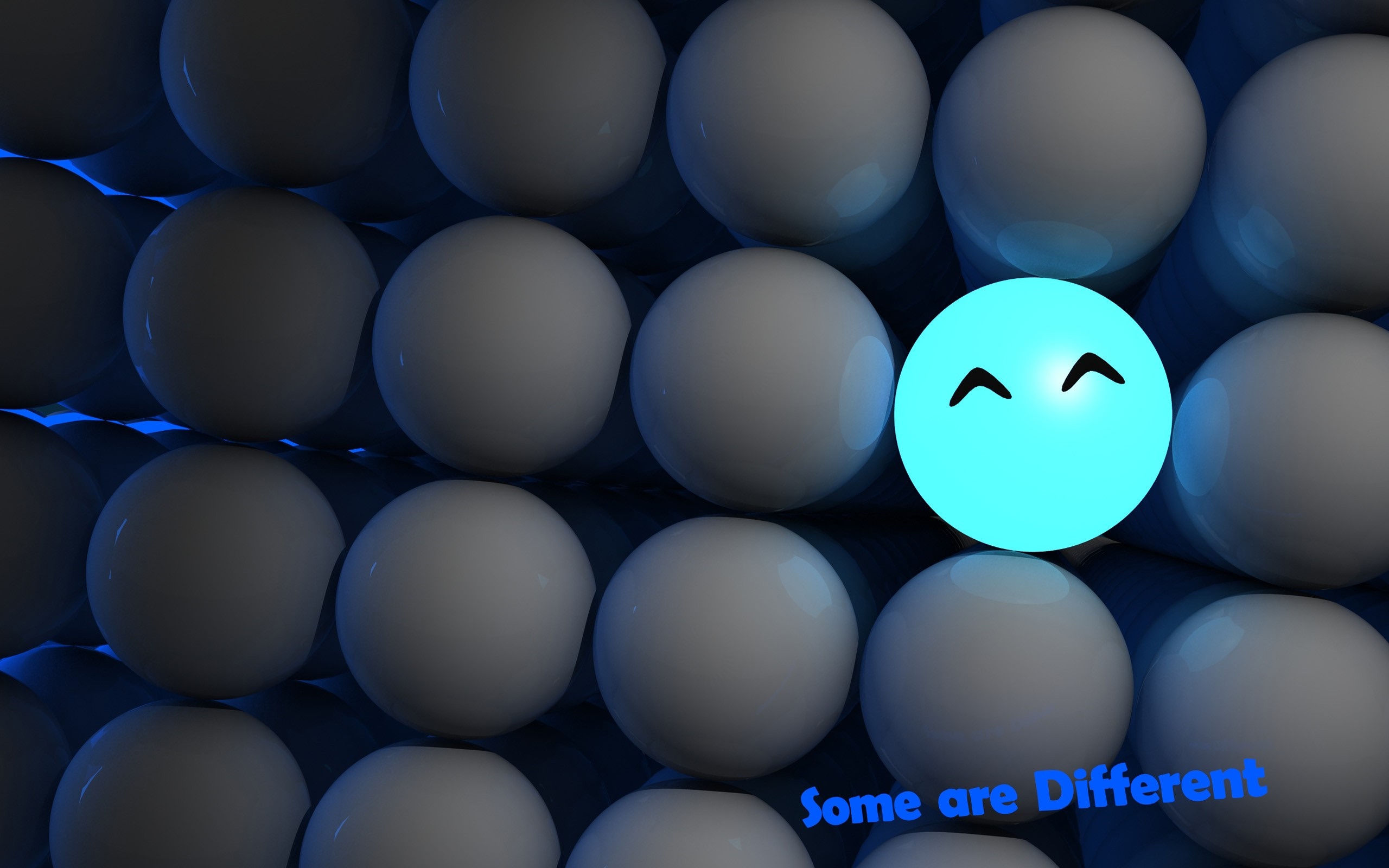 Blue glowing sphere with face among white spheres HD Wallpaper