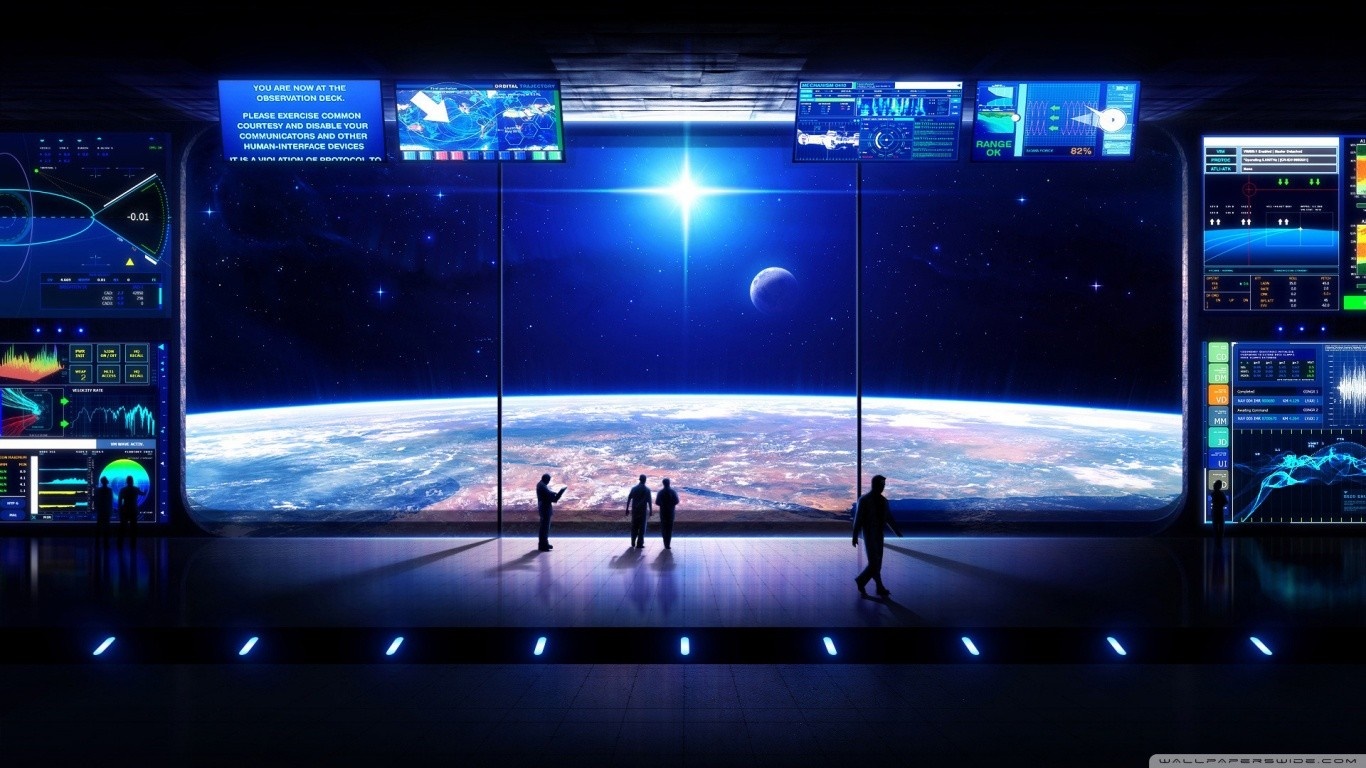 Observation deck overlooking Earth from space HD Wallpaper