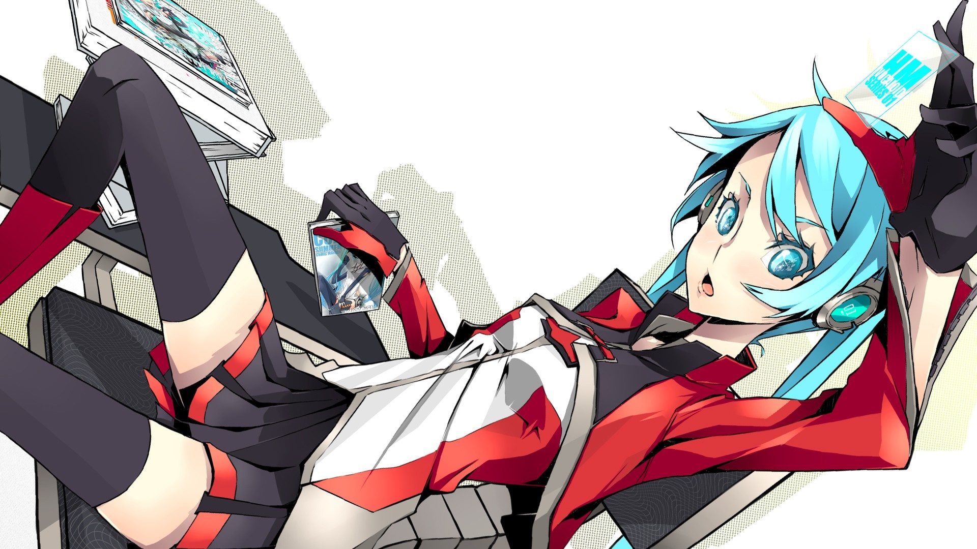 Hatsune Miku from Vocaloid sitting with books and cards HD Wallpaper