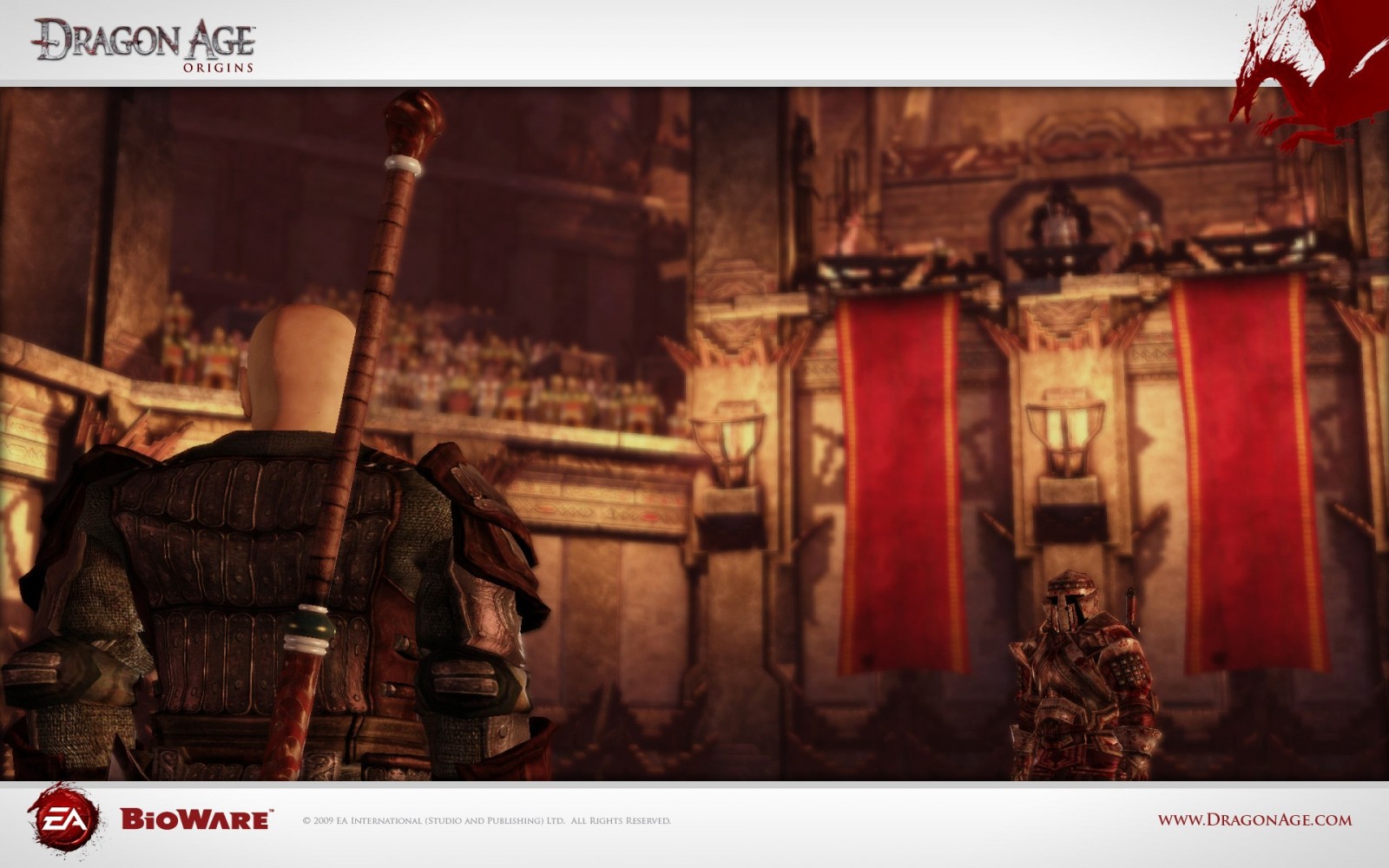 Dragon Age: Origins screenshot with two armored figures HD Wallpaper