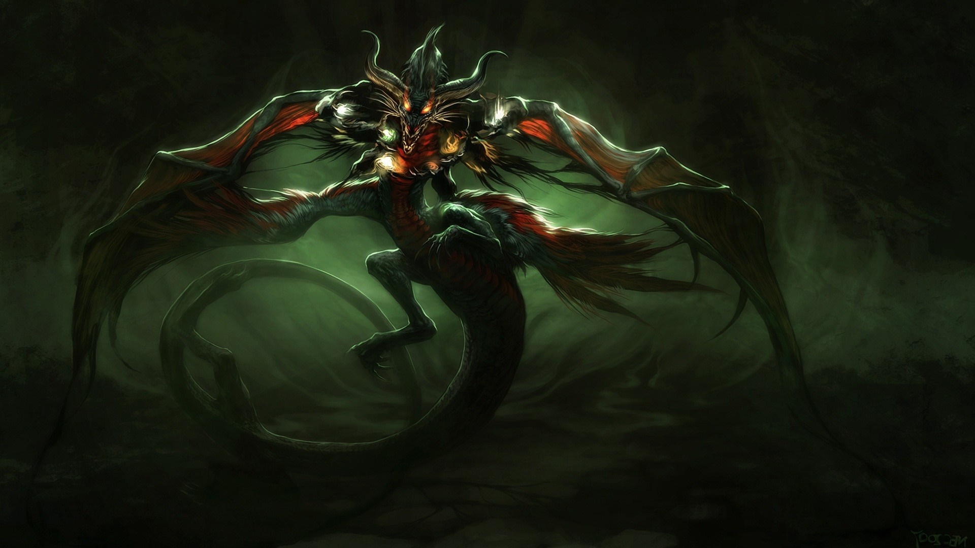 Fantasy art of a winged serpent creature in darkness HD Wallpaper