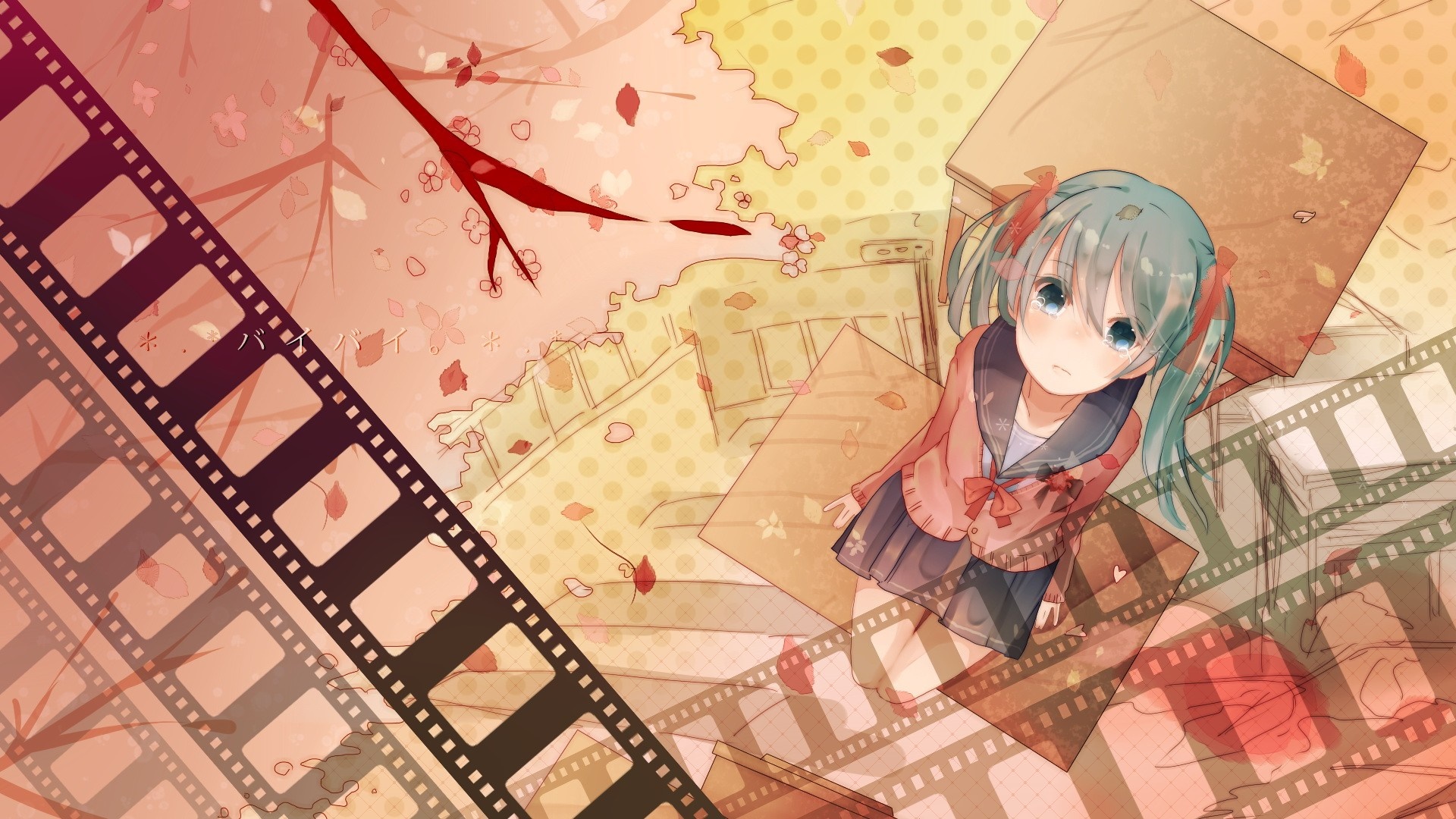 Hatsune Miku from Vocaloid with film strips and cherry blossoms HD Wallpaper